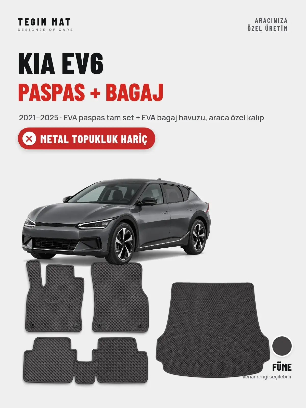 Kia EV6 EVA Paspas + Bagaj Havuzu Seti (2021–2025) Füme – Metal Topukluk Hariç (1)