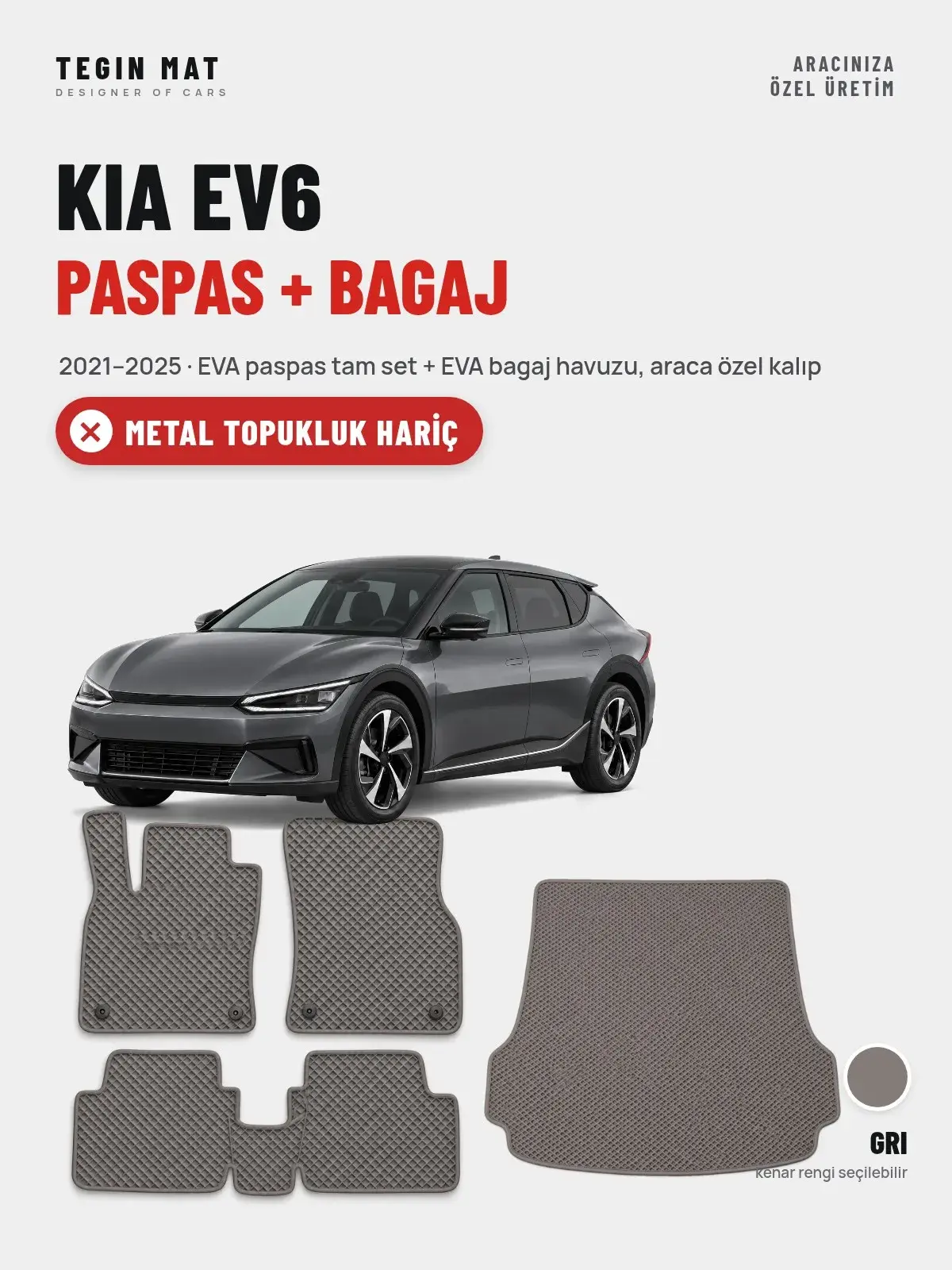 Kia EV6 EVA Paspas + Bagaj Havuzu Seti (2021–2025) Gri – Metal Topukluk Hariç (1)