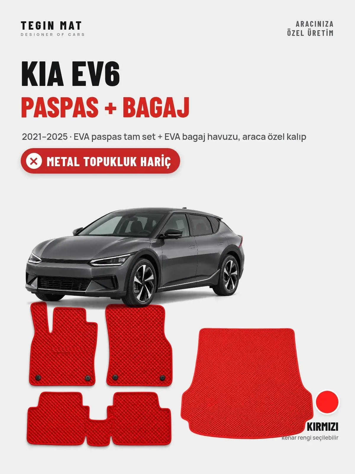 Kia EV6 EVA Paspas + Bagaj Havuzu Seti (2021–2025) Kırmızı – Metal Topukluk Hariç (1)