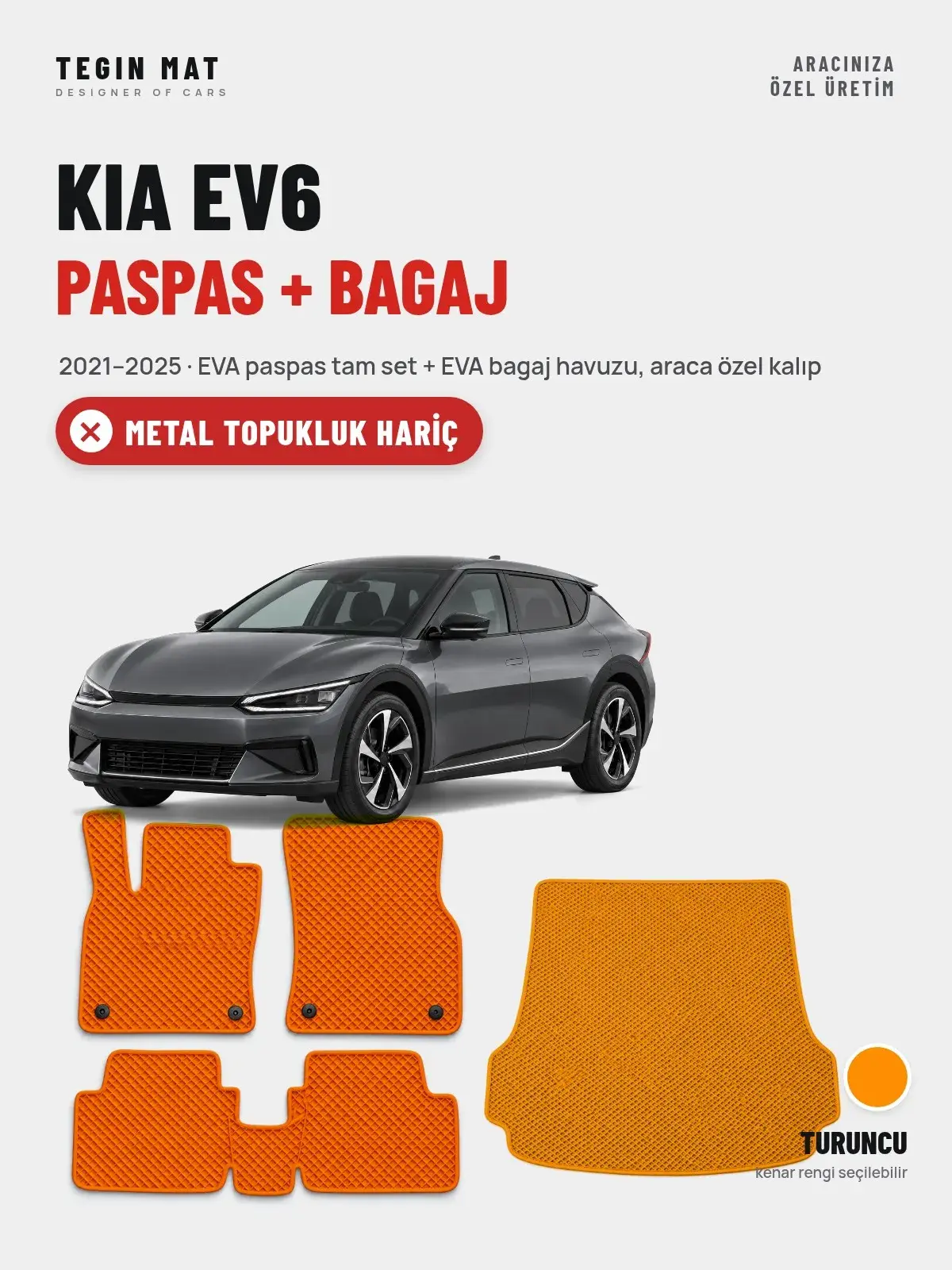 Kia EV6 EVA Paspas + Bagaj Havuzu Seti (2021–2025) Turuncu – Metal Topukluk Hariç (1)