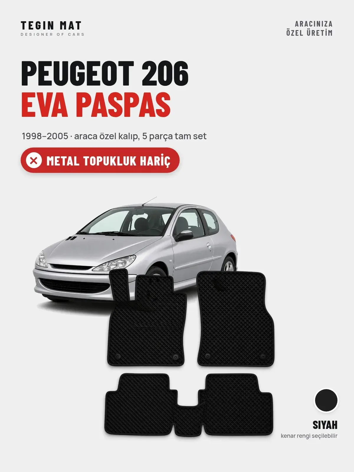 Peugeot 206 EVA Oto Paspas Tam Set (1998–2005) Siyah – Metal Topukluk Hariç (1)