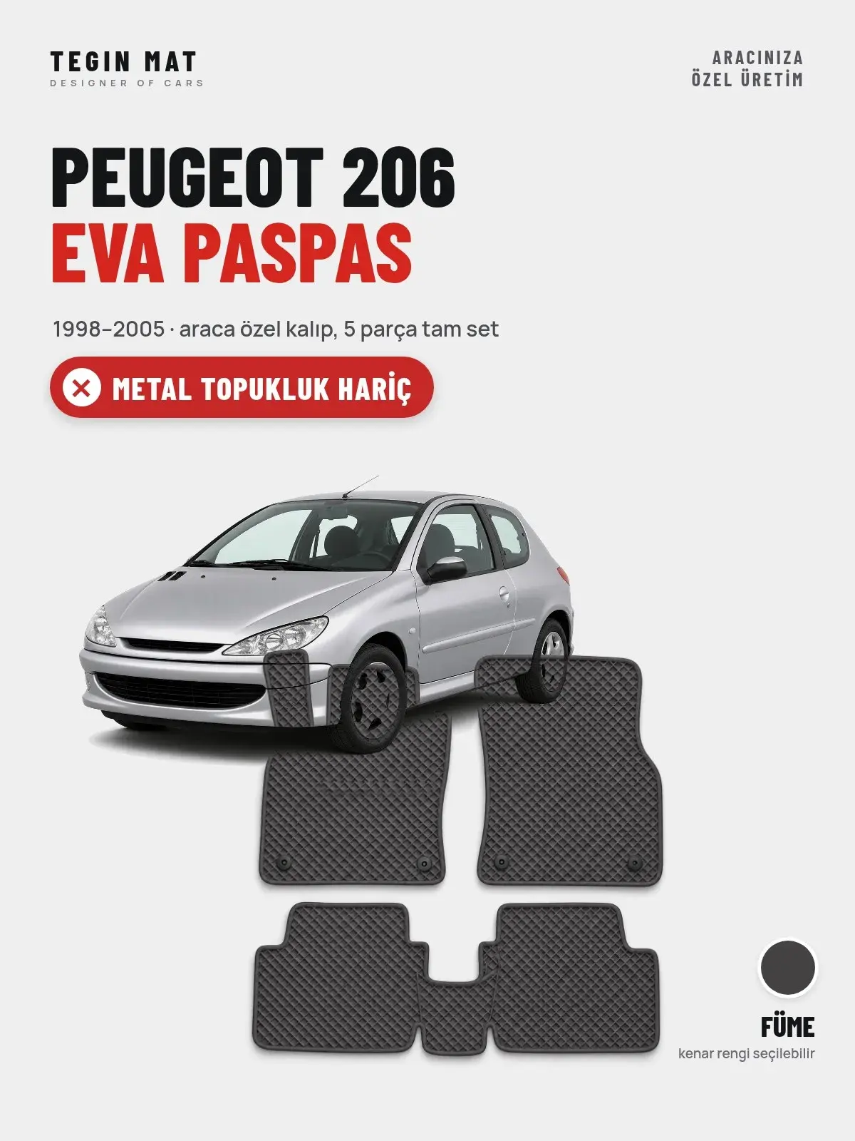 Peugeot 206 EVA Oto Paspas Tam Set (1998–2005) Füme – Metal Topukluk Hariç (1)