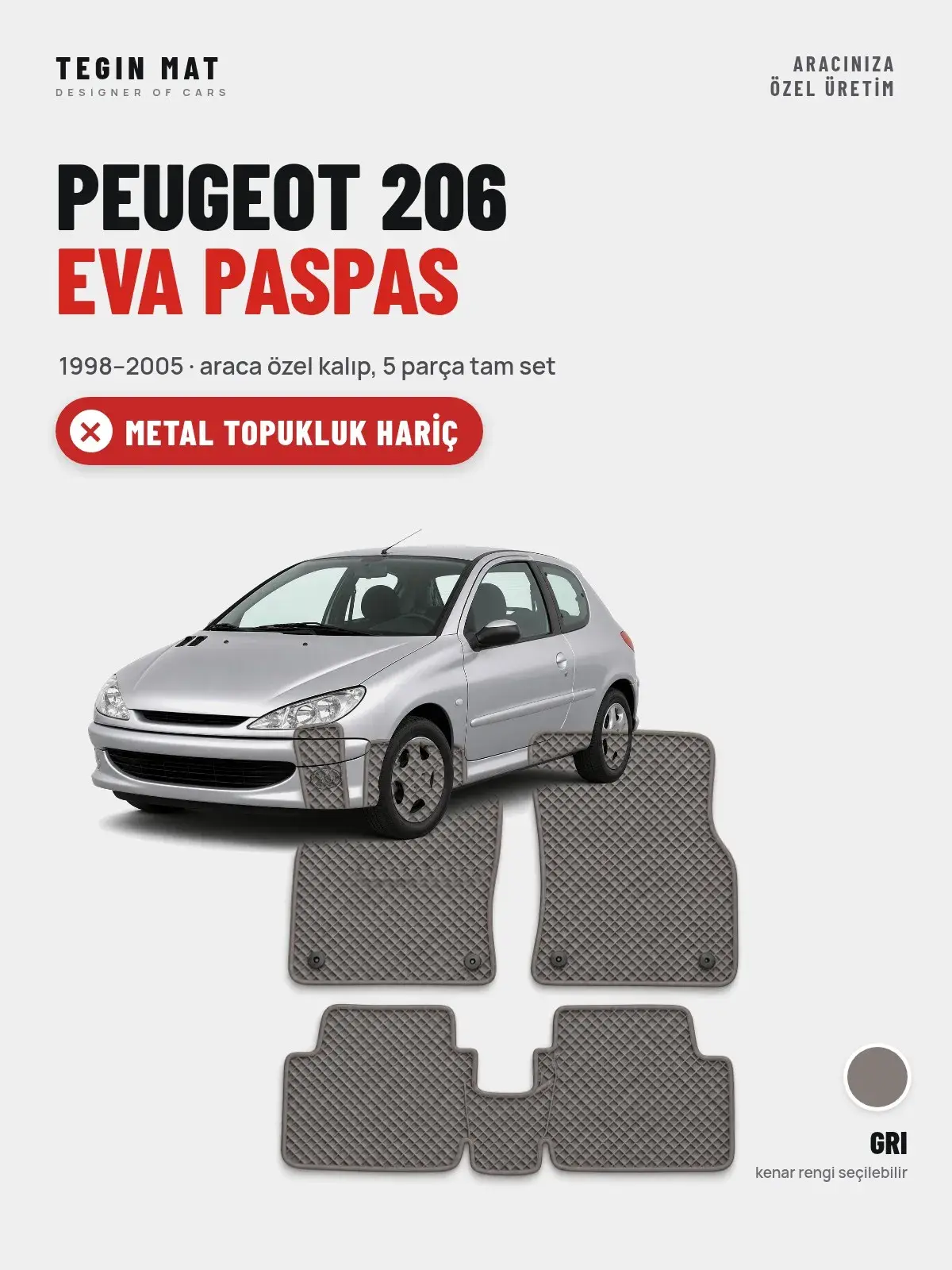 Peugeot 206 EVA Oto Paspas Tam Set (1998–2005) Gri – Metal Topukluk Hariç (1)