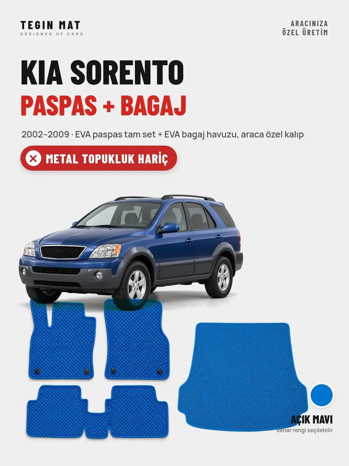 Kia Sorento EVA Paspas + Bagaj Havuzu Seti (2002–2009) Açık Mavi – Metal Topukluk Hariç (1)