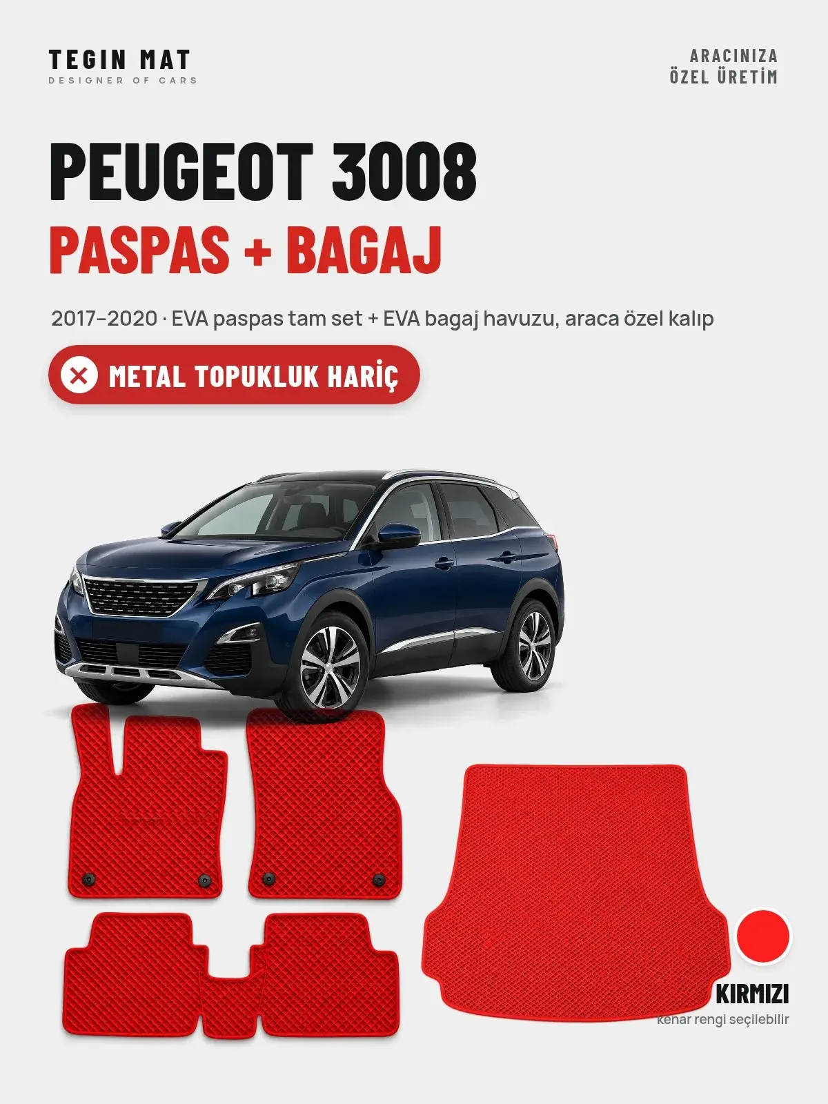 Peugeot 3008 EVA Paspas + Bagaj Havuzu Seti (2017–2020) Kırmızı – Metal Topukluk Hariç (1)