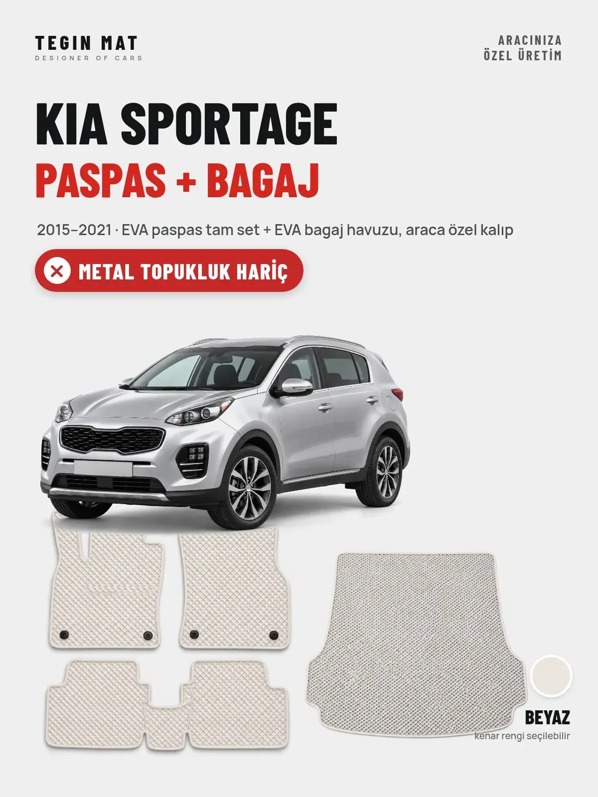 Kia Sportage EVA Paspas + Bagaj Havuzu Seti (2015–2021) Beyaz – Metal Topukluk Hariç (1)