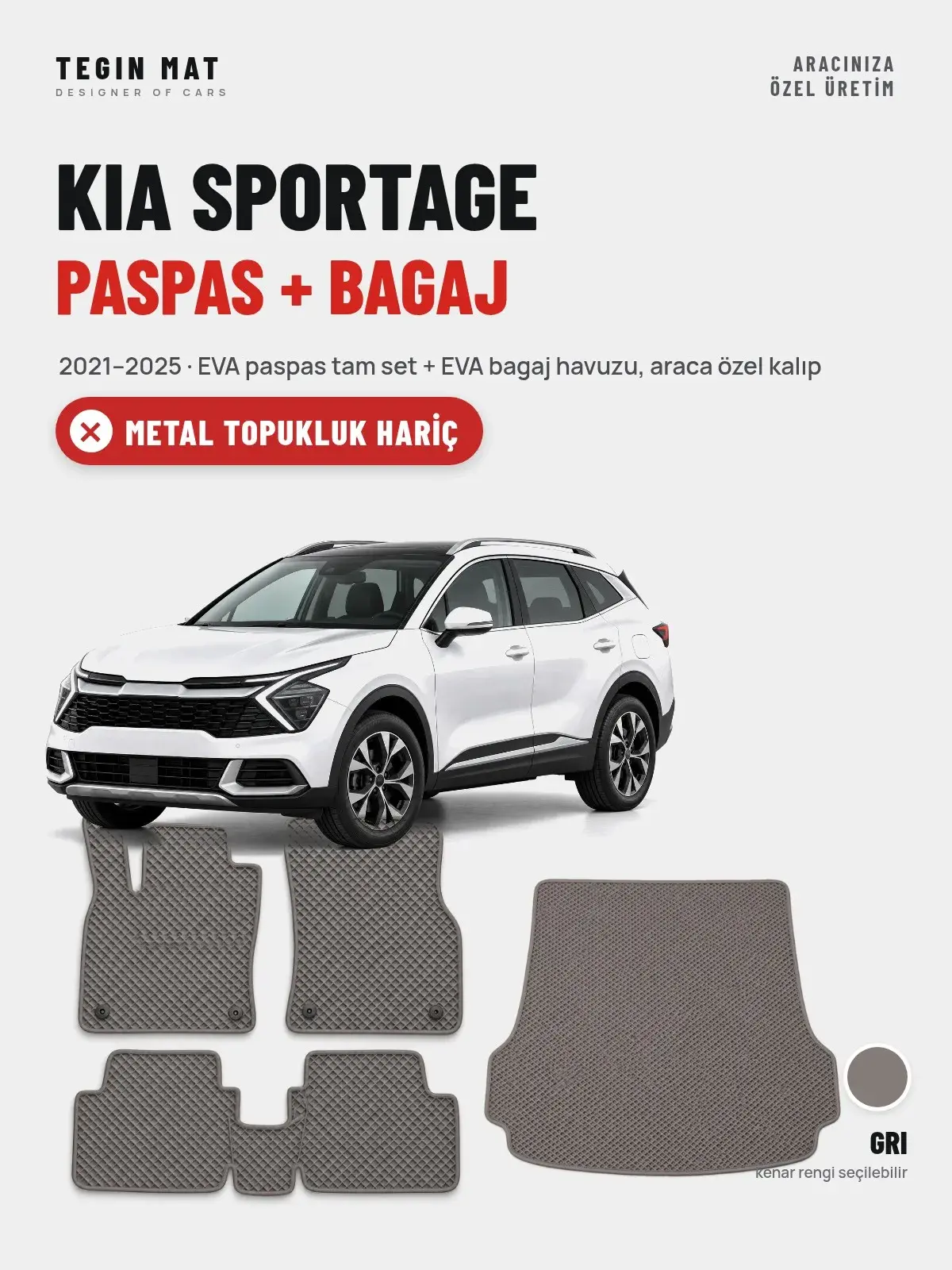 Kia Sportage EVA Paspas + Bagaj Havuzu Seti (2021–2025) Gri – Metal Topukluk Hariç (1)