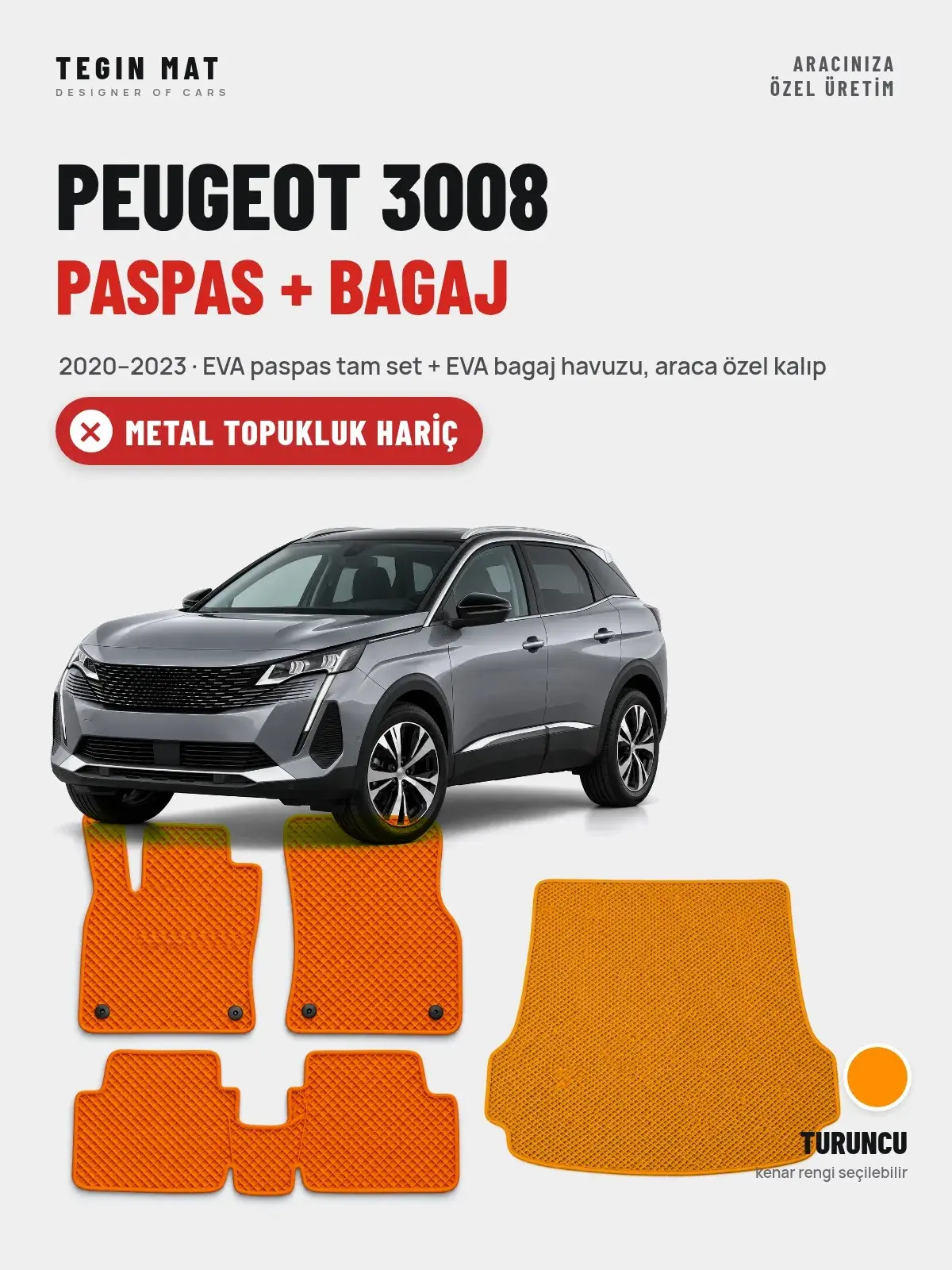 Peugeot 3008 EVA Paspas + Bagaj Havuzu Seti (2020–2023) Turuncu – Metal Topukluk Hariç (1)