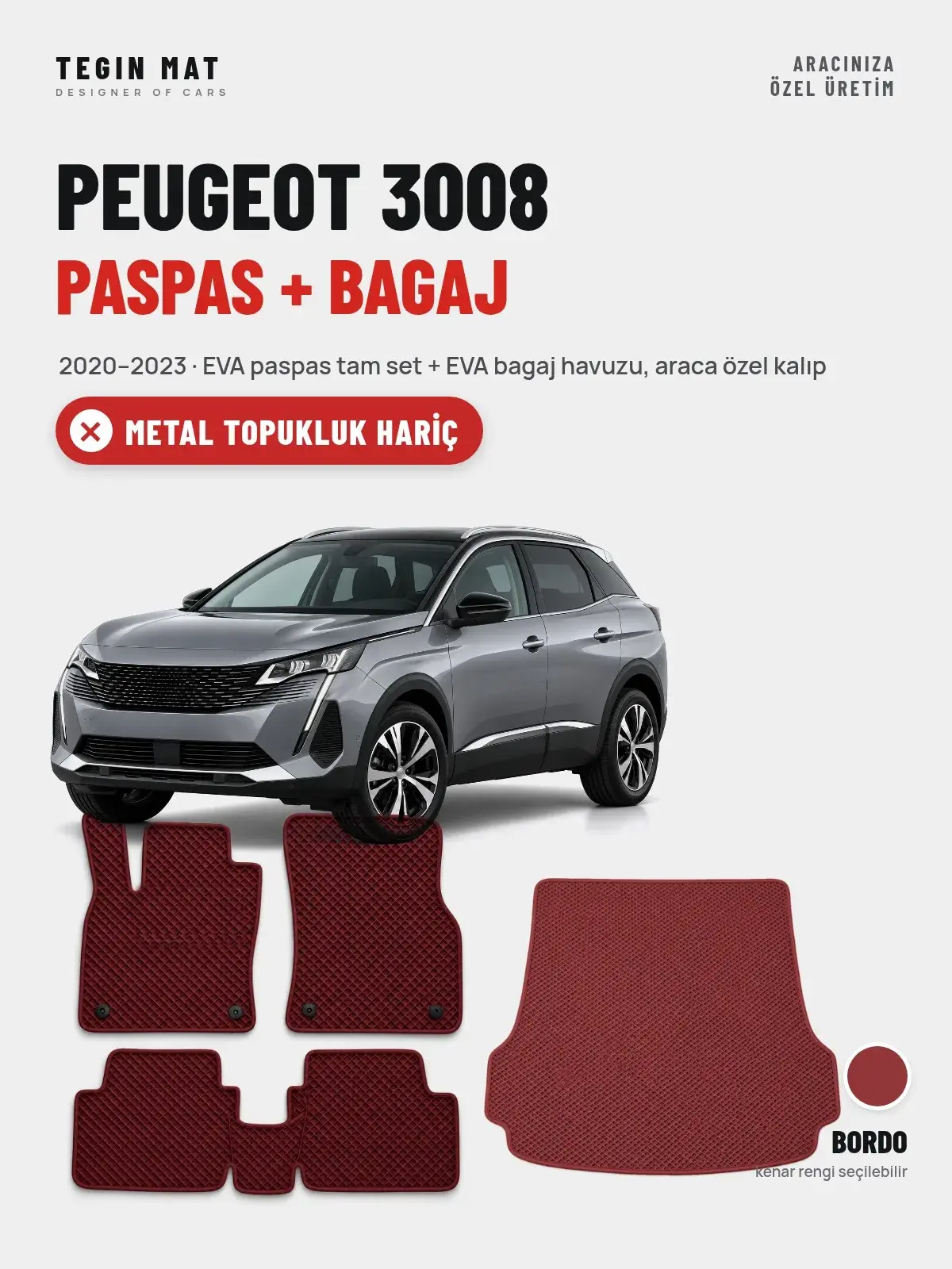 Peugeot 3008 EVA Paspas + Bagaj Havuzu Seti (2020–2023) Bordo – Metal Topukluk Hariç (1)