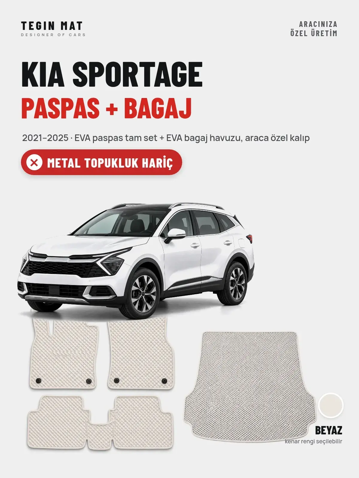 Kia Sportage EVA Paspas + Bagaj Havuzu Seti (2021–2025) Beyaz – Metal Topukluk Hariç (1)
