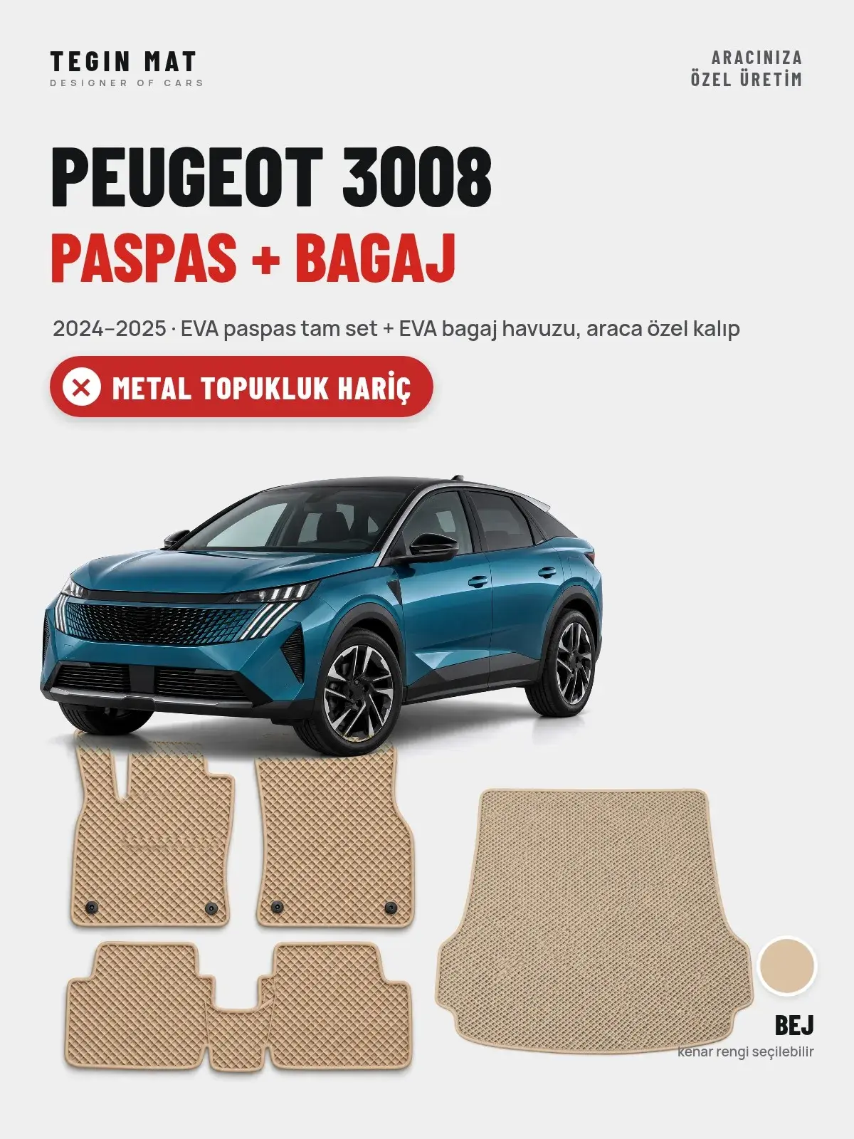 Peugeot 3008 EVA Paspas + Bagaj Havuzu Seti (2024–2025) Bej – Metal Topukluk Hariç (1)