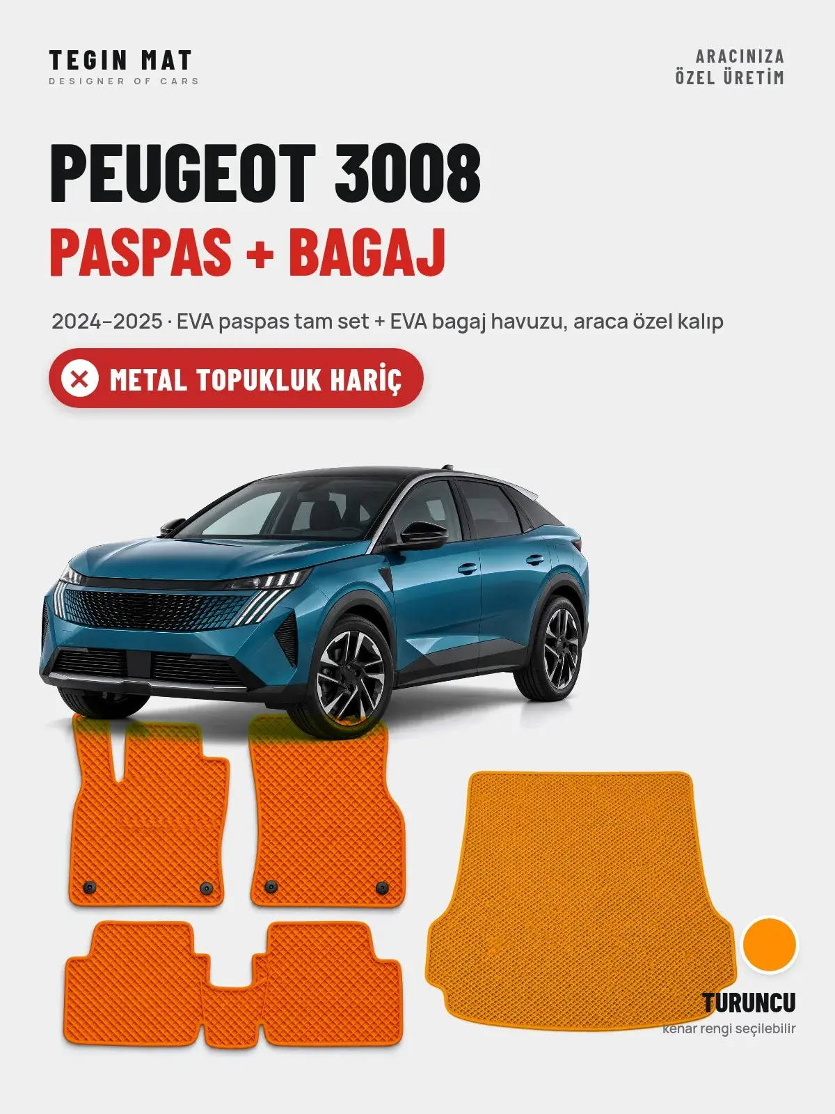 Peugeot 3008 EVA Paspas + Bagaj Havuzu Seti (2024–2025) Turuncu – Metal Topukluk Hariç (1)