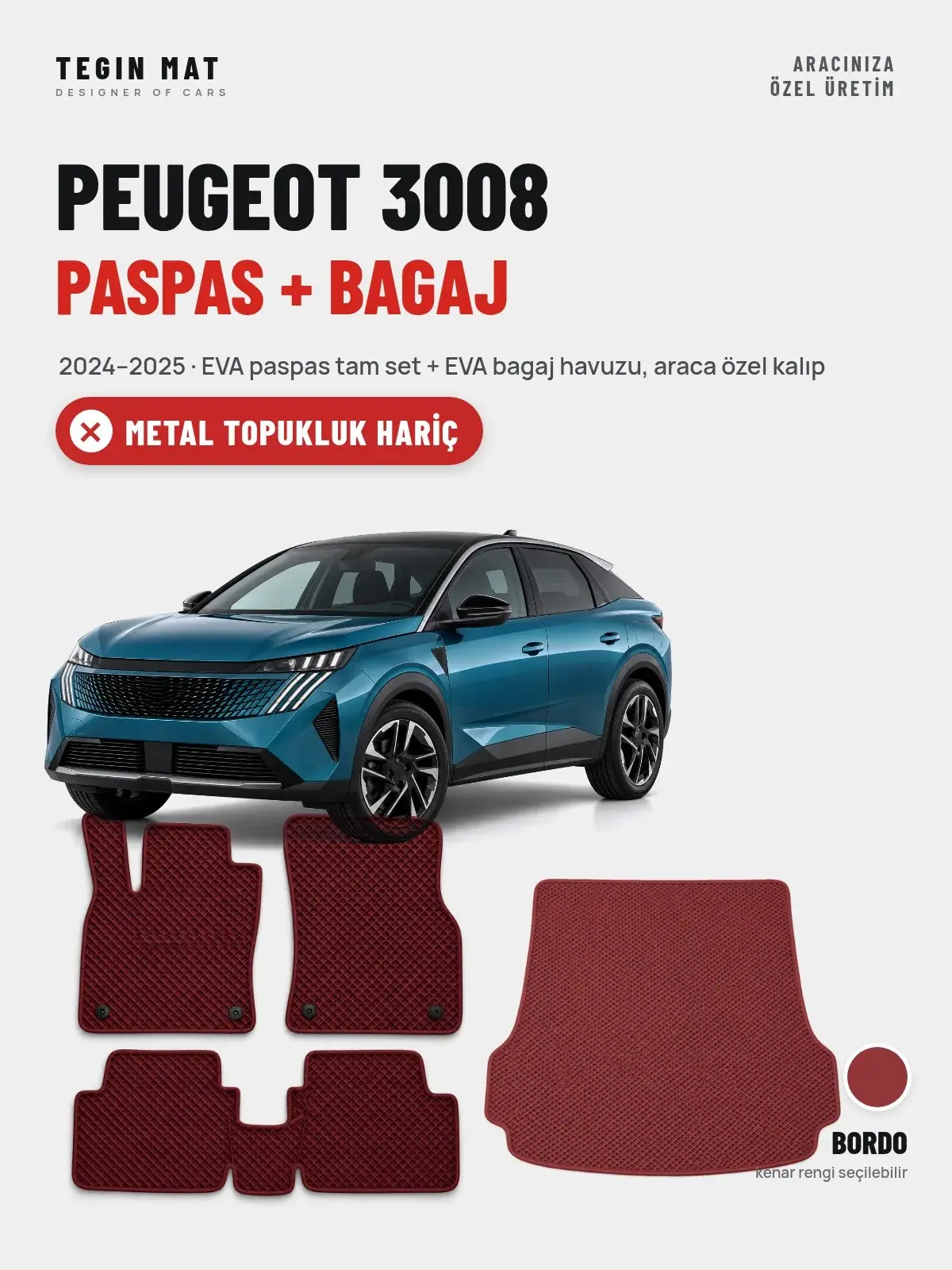 Peugeot 3008 EVA Paspas + Bagaj Havuzu Seti (2024–2025) Bordo – Metal Topukluk Hariç (1)