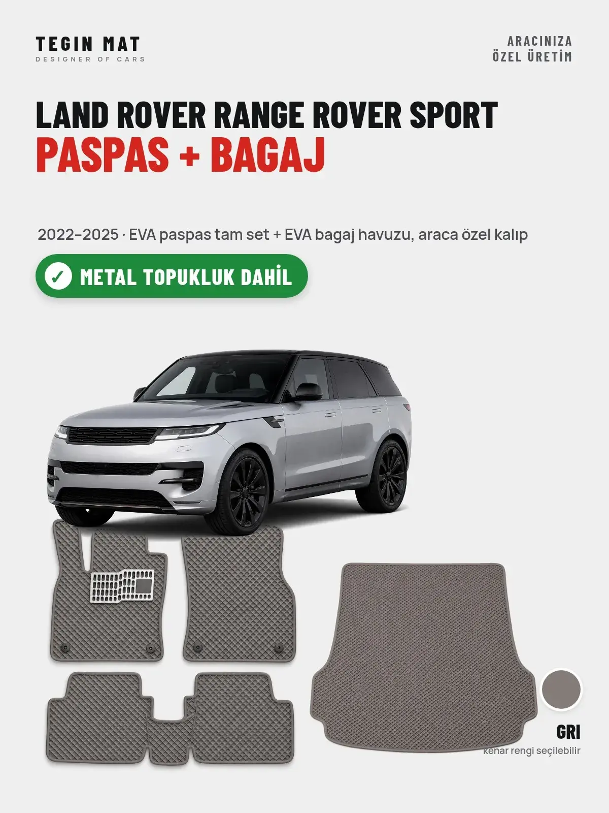 Land Rover Range Rover Sport EVA Paspas + Bagaj Havuzu Seti (2022–2025) Gri – Metal Topukluk Dahil (1)