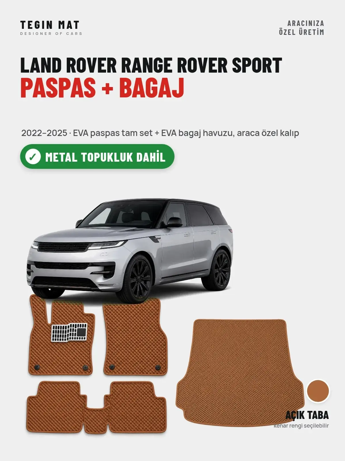 Land Rover Range Rover Sport EVA Paspas + Bagaj Havuzu Seti (2022–2025) Açık Taba – Metal Topukluk Dahil (1)