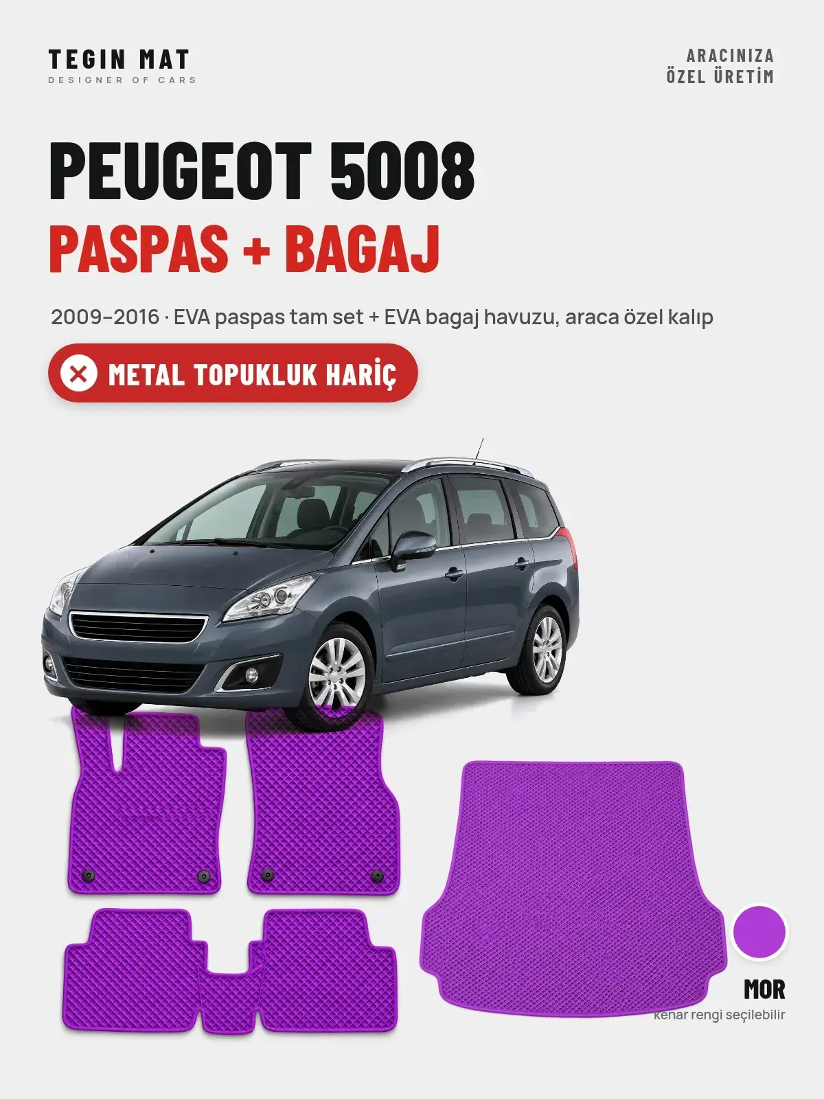 Peugeot 5008 EVA Paspas + Bagaj Havuzu Seti (2009–2016) Mor – Metal Topukluk Hariç (1)