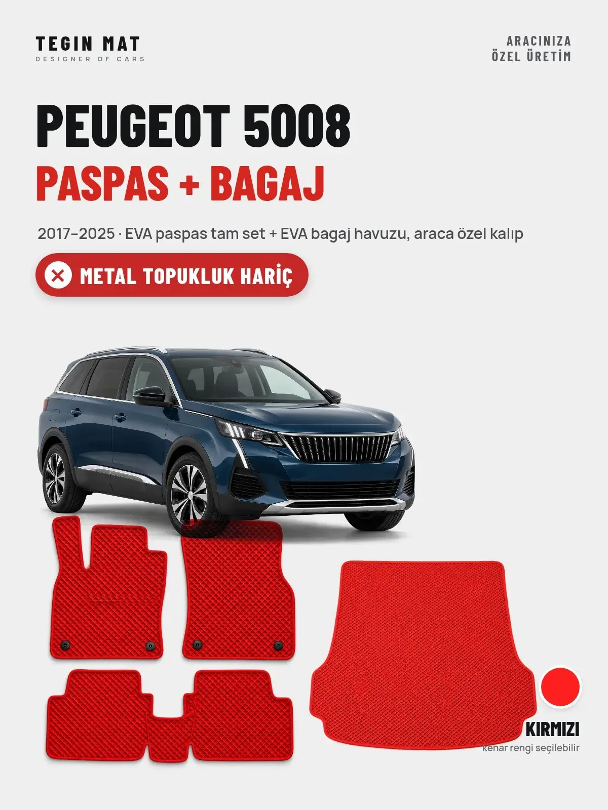 Peugeot 5008 EVA Paspas + Bagaj Havuzu Seti (2017–2025) Kırmızı – Metal Topukluk Hariç (1)