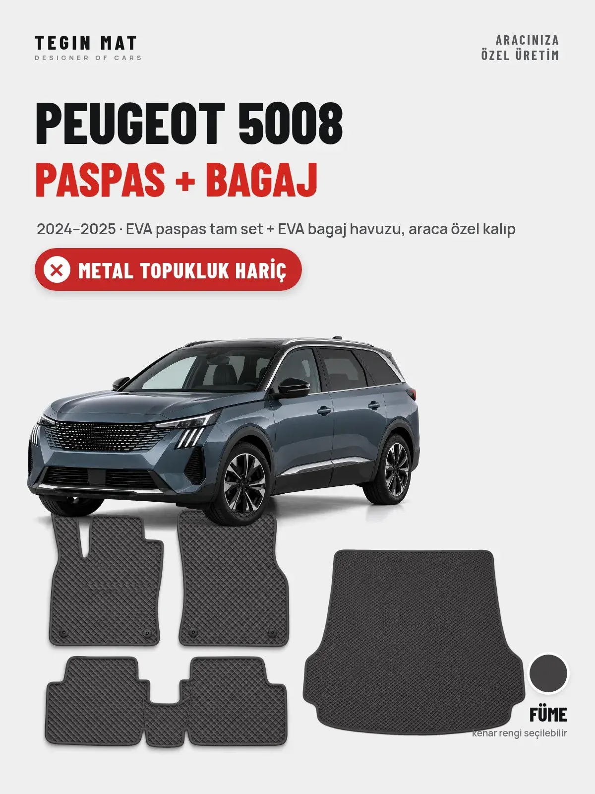 Peugeot 5008 EVA Paspas + Bagaj Havuzu Seti (2024–2025) Füme – Metal Topukluk Hariç (1)