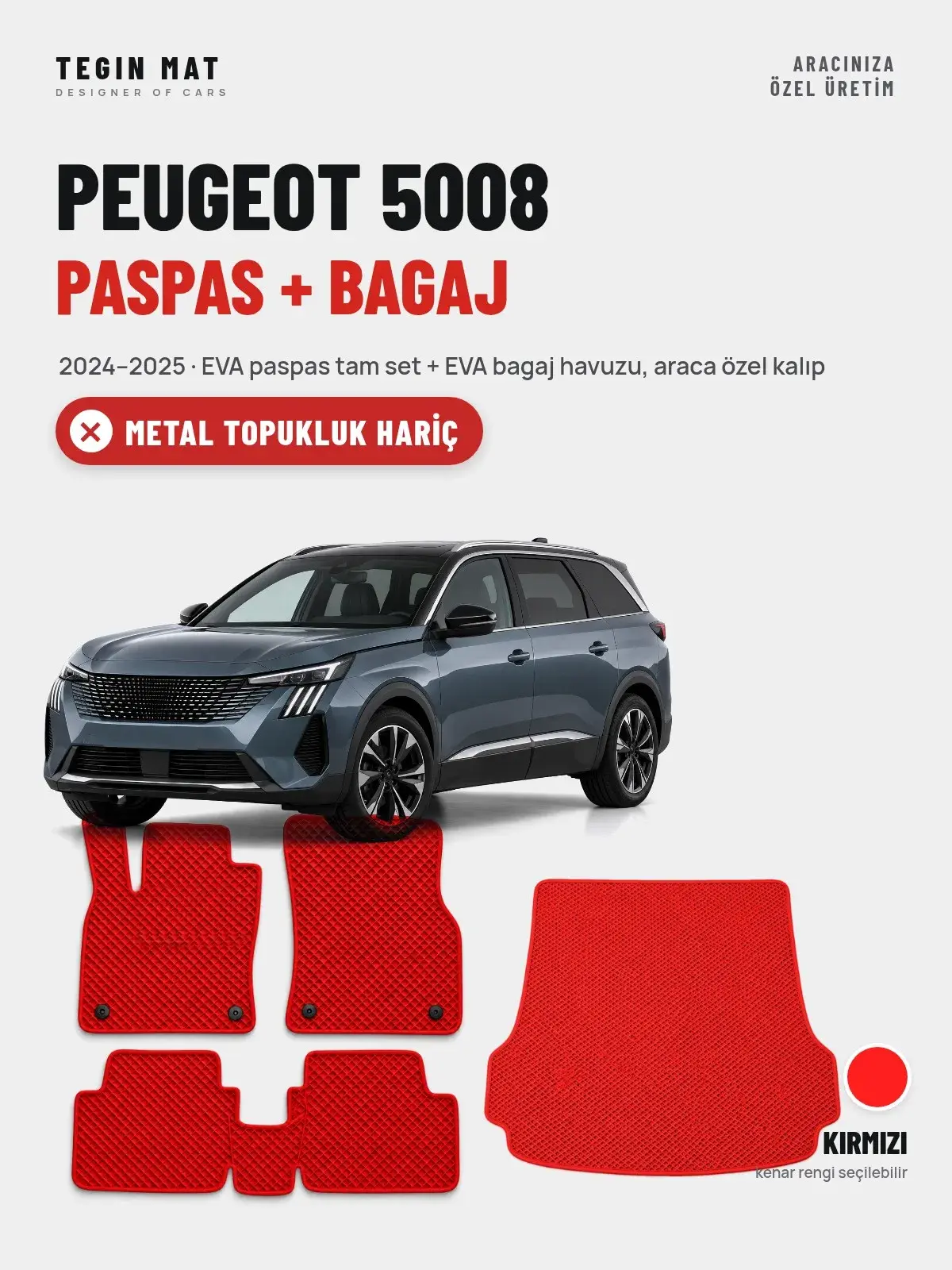 Peugeot 5008 EVA Paspas + Bagaj Havuzu Seti (2024–2025) Kırmızı – Metal Topukluk Hariç (1)