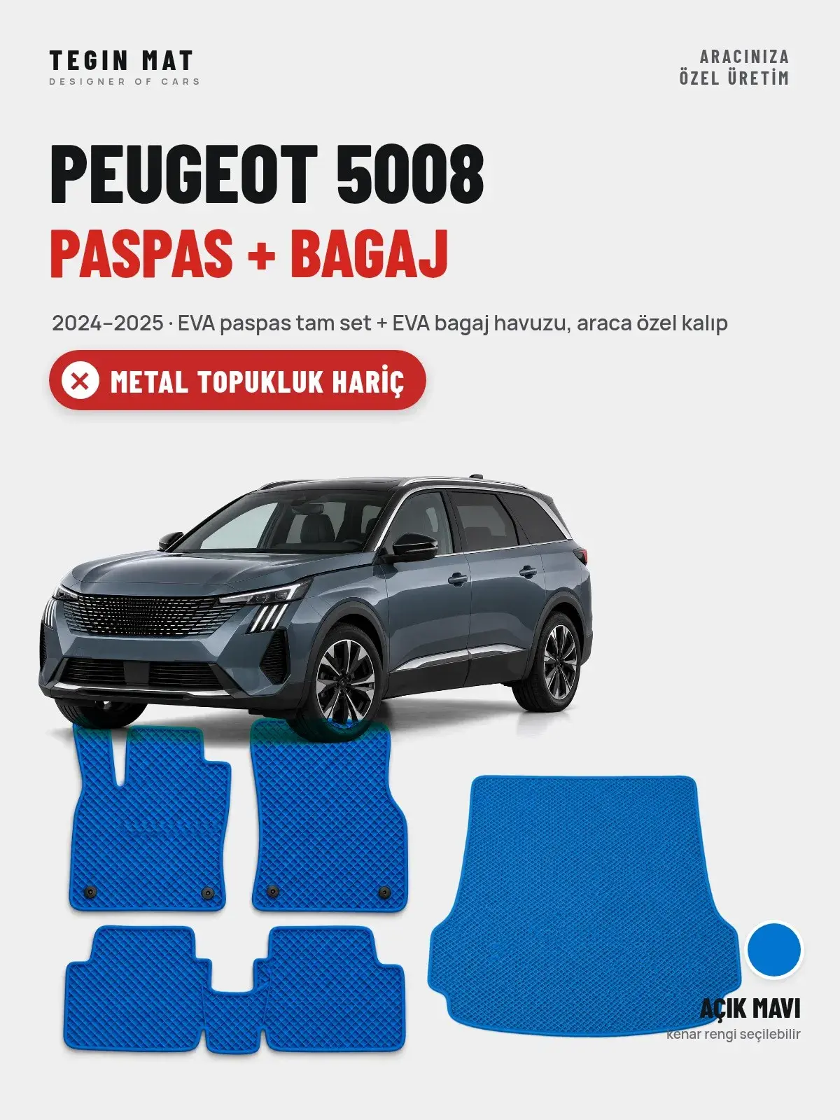 Peugeot 5008 EVA Paspas + Bagaj Havuzu Seti (2024–2025) Açık Mavi – Metal Topukluk Hariç (1)