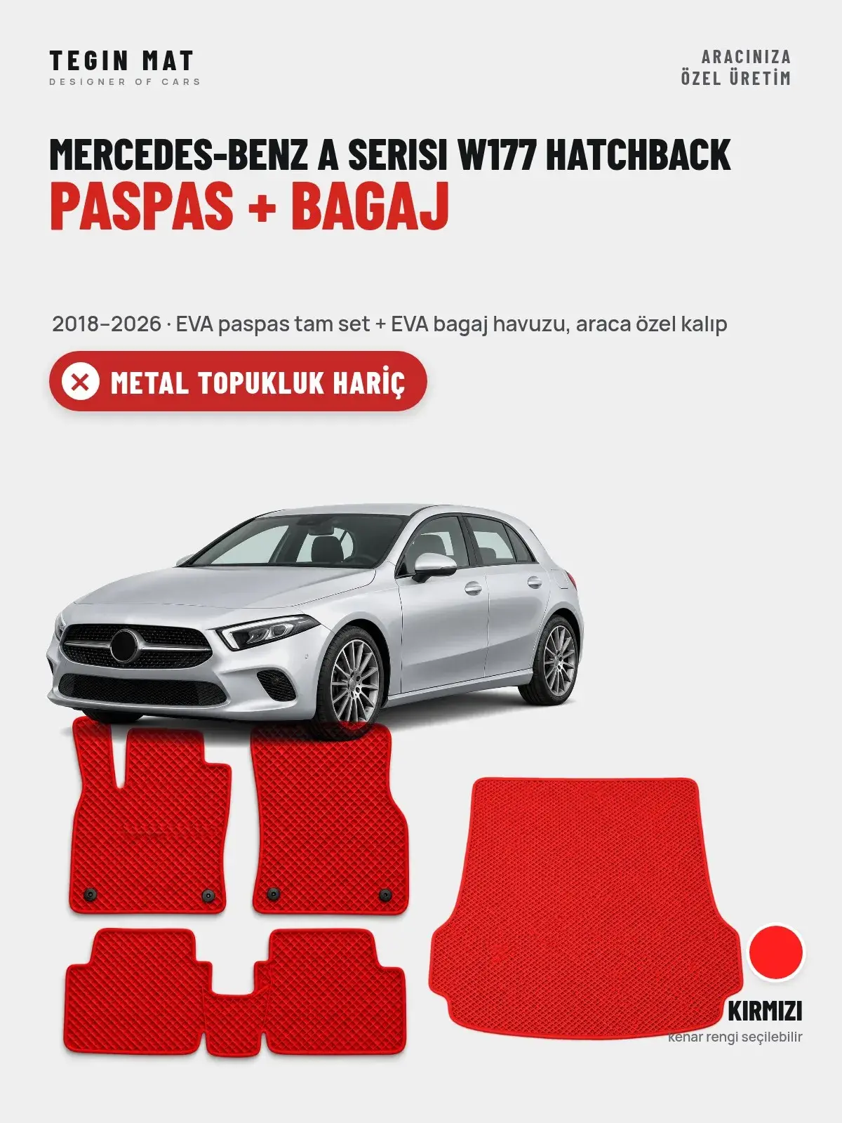 Mercedes-Benz A Serisi W177 Hatchback EVA Paspas + Bagaj Havuzu Seti (2018–2026) Kırmızı – Metal Topukluk Hariç (1)