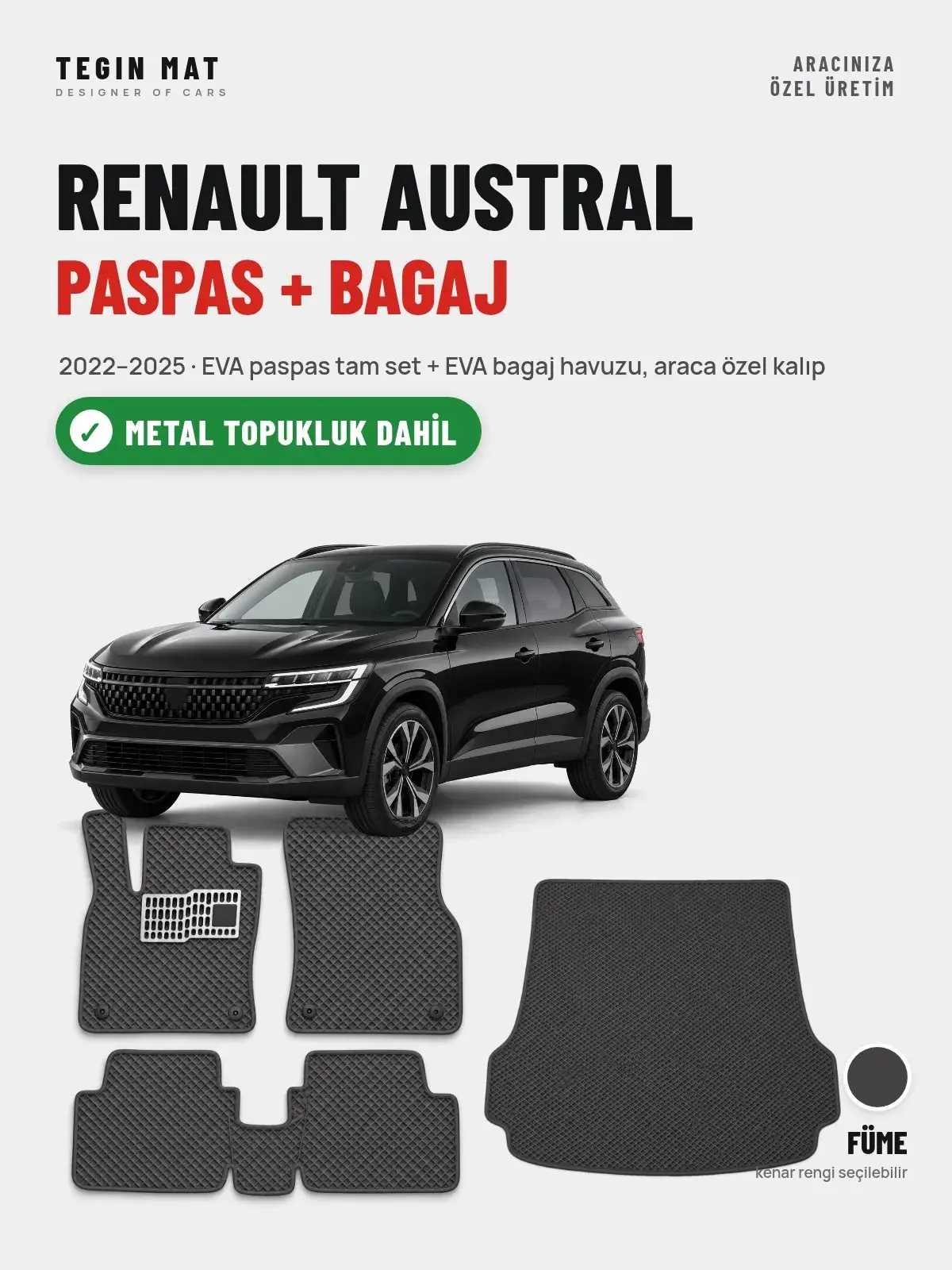 Renault Austral EVA Paspas + Bagaj Havuzu Seti (2022–2025) Füme – Metal Topukluk Dahil (1)
