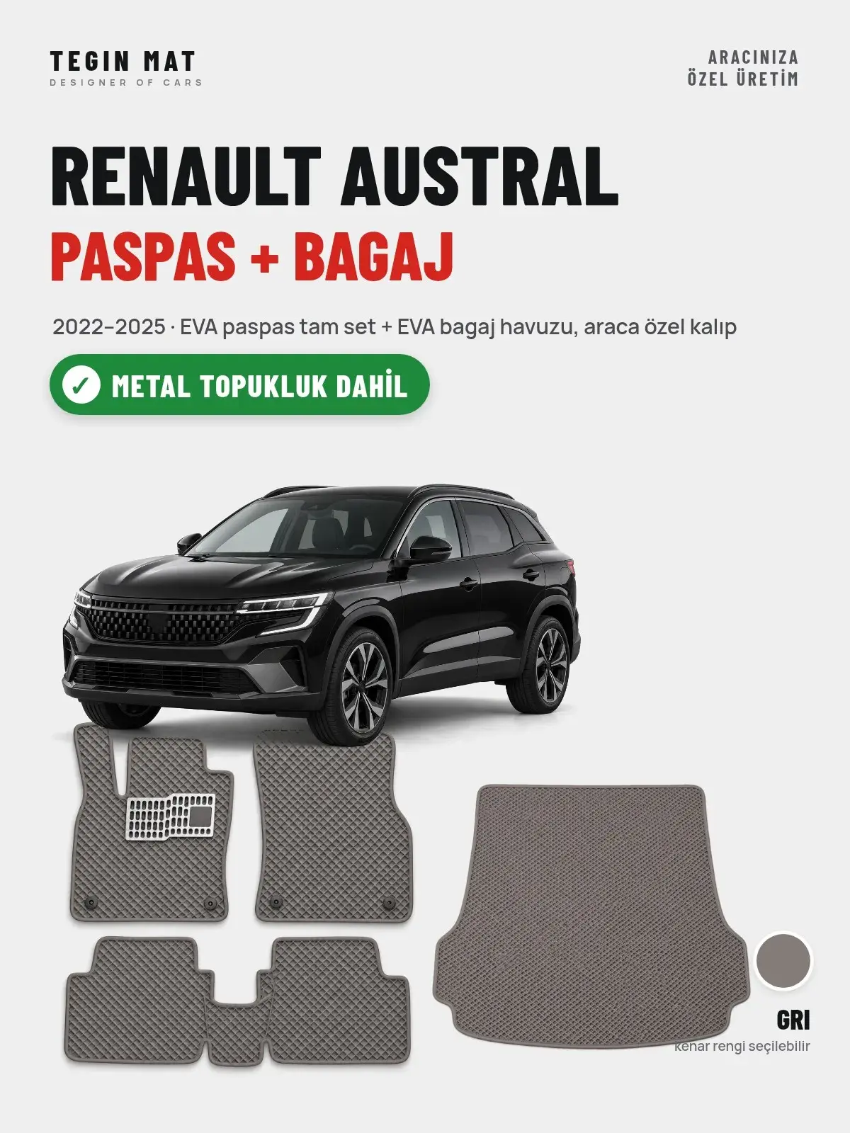 Renault Austral EVA Paspas + Bagaj Havuzu Seti (2022–2025) Gri – Metal Topukluk Dahil (1)