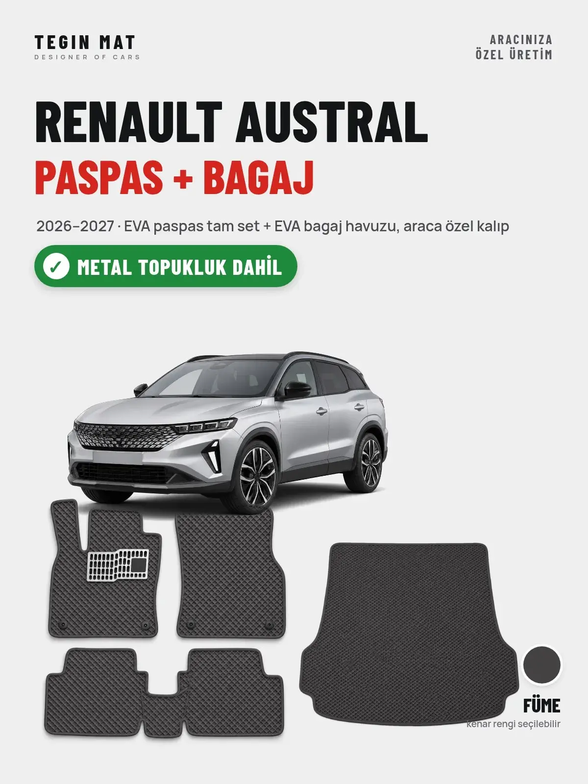 Renault Austral EVA Paspas + Bagaj Havuzu Seti (2026–2027) Füme – Metal Topukluk Dahil (1)