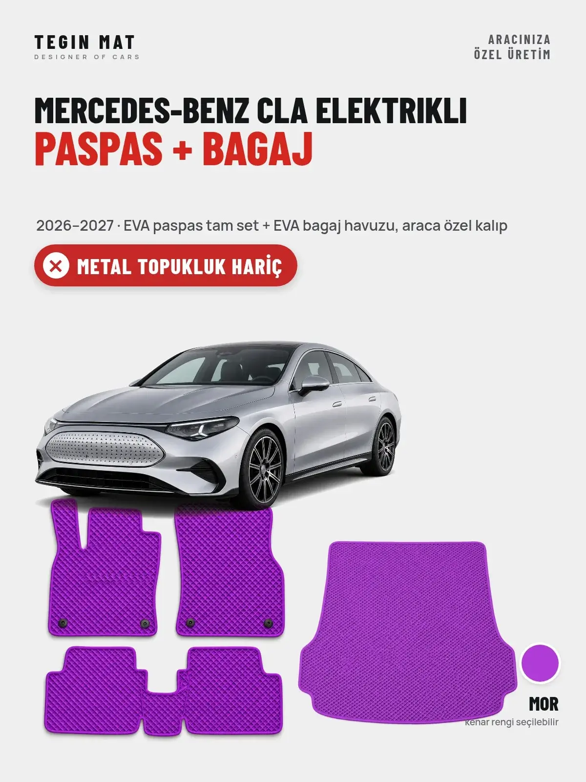 Mercedes-Benz CLA Elektrikli EVA Paspas + Bagaj Havuzu Seti (2026–2027) Mor – Metal Topukluk Hariç (1)