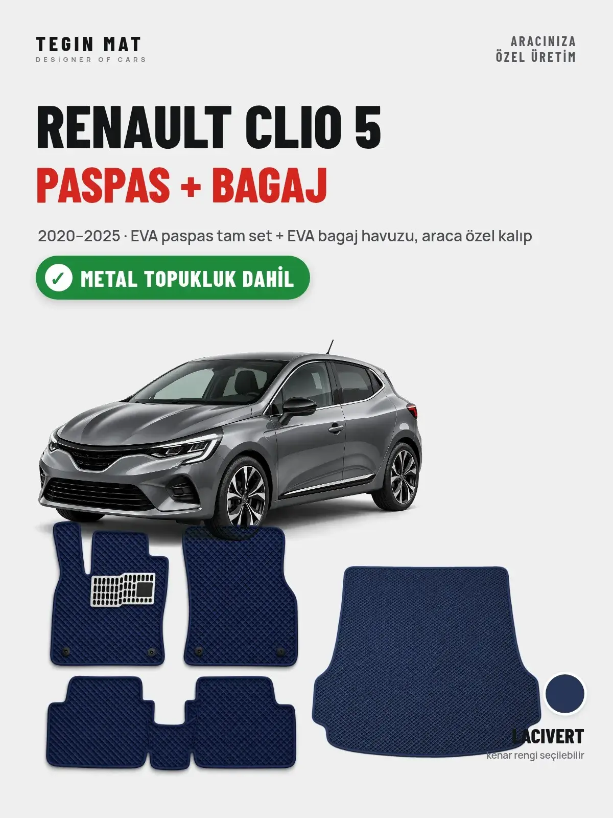 Renault Clio 5 EVA Paspas + Bagaj Havuzu Seti (2020–2025) Lacivert – Metal Topukluk Dahil (1)