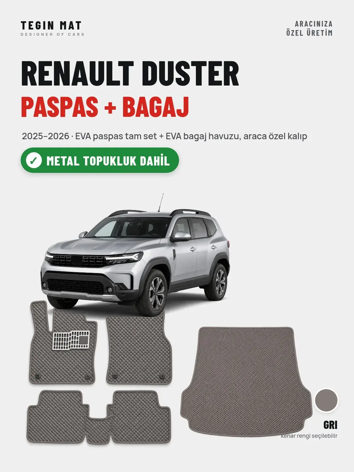 Renault Duster EVA Paspas + Bagaj Havuzu Seti (2025–2026) Gri – Metal Topukluk Dahil (1)