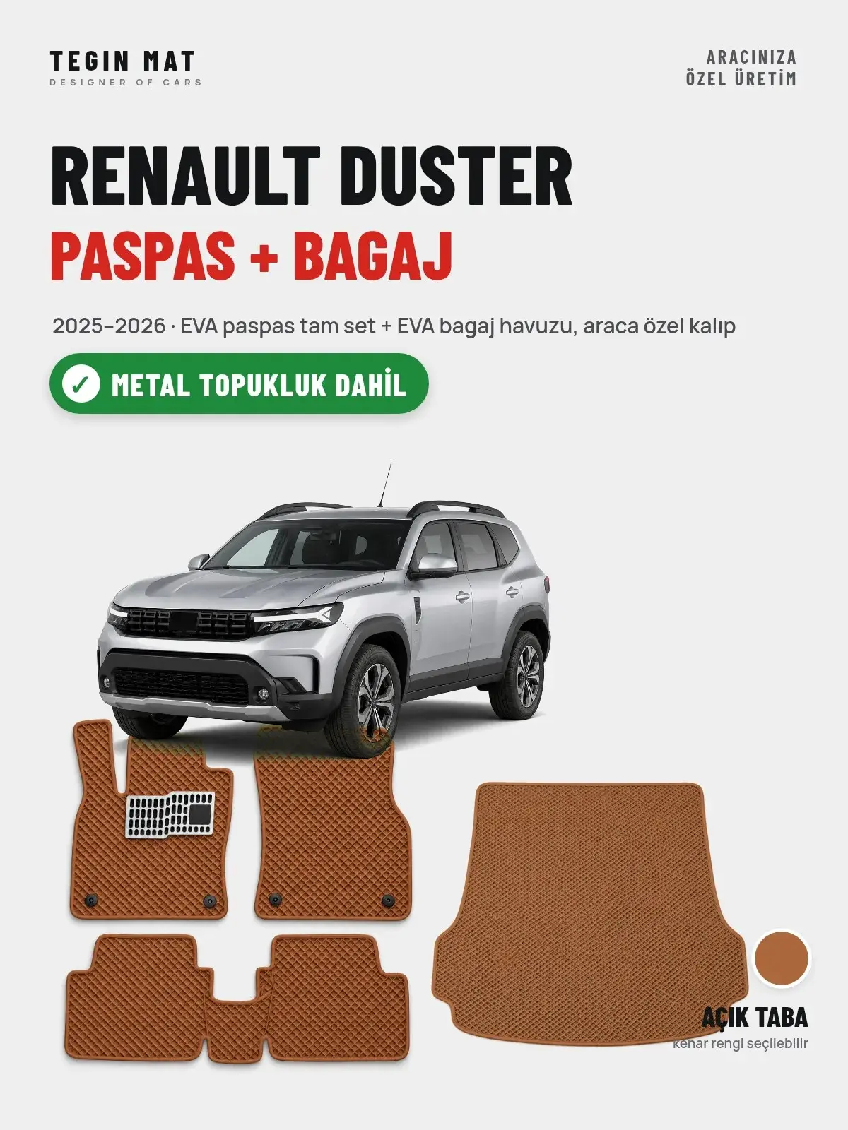 Renault Duster EVA Paspas + Bagaj Havuzu Seti (2025–2026) Açık Taba – Metal Topukluk Dahil (1)