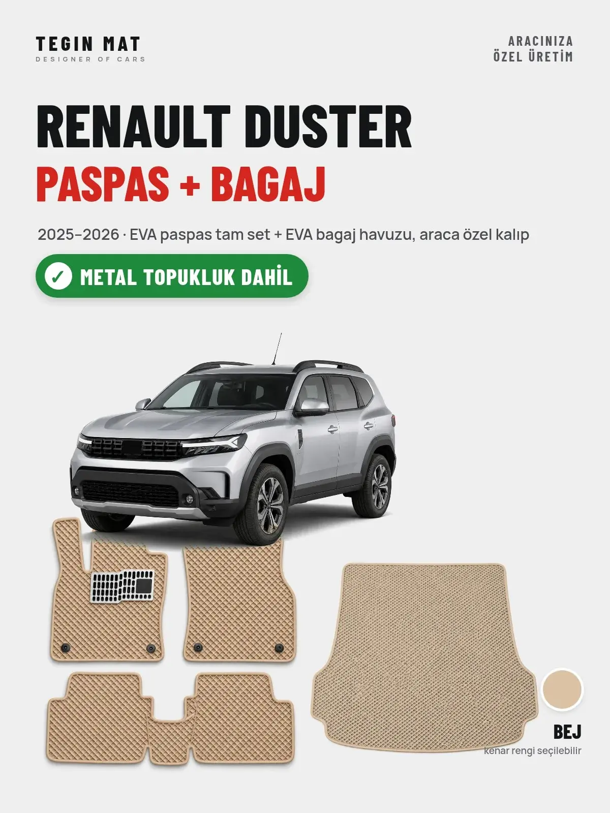 Renault Duster EVA Paspas + Bagaj Havuzu Seti (2025–2026) Bej – Metal Topukluk Dahil (1)