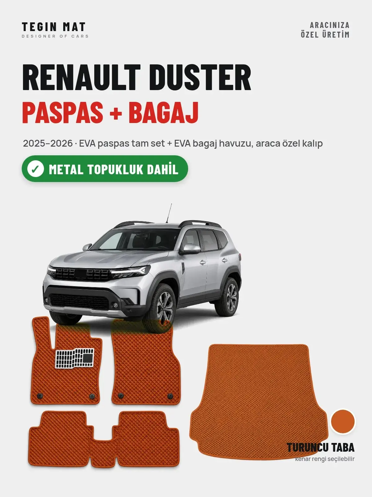 Renault Duster EVA Paspas + Bagaj Havuzu Seti (2025–2026) Turuncu Taba – Metal Topukluk Dahil (1)