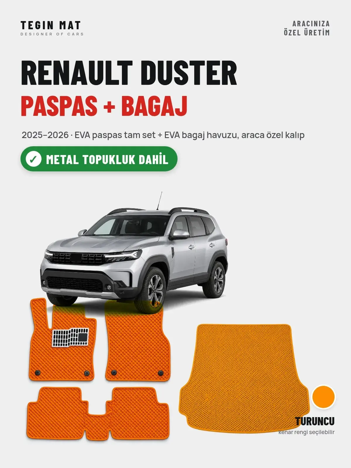 Renault Duster EVA Paspas + Bagaj Havuzu Seti (2025–2026) Turuncu – Metal Topukluk Dahil (1)