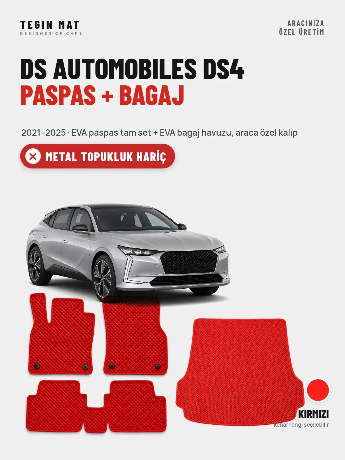 DS Automobiles DS4 EVA Paspas + Bagaj Havuzu Seti (2021–2025) Kırmızı – Metal Topukluk Hariç (1)