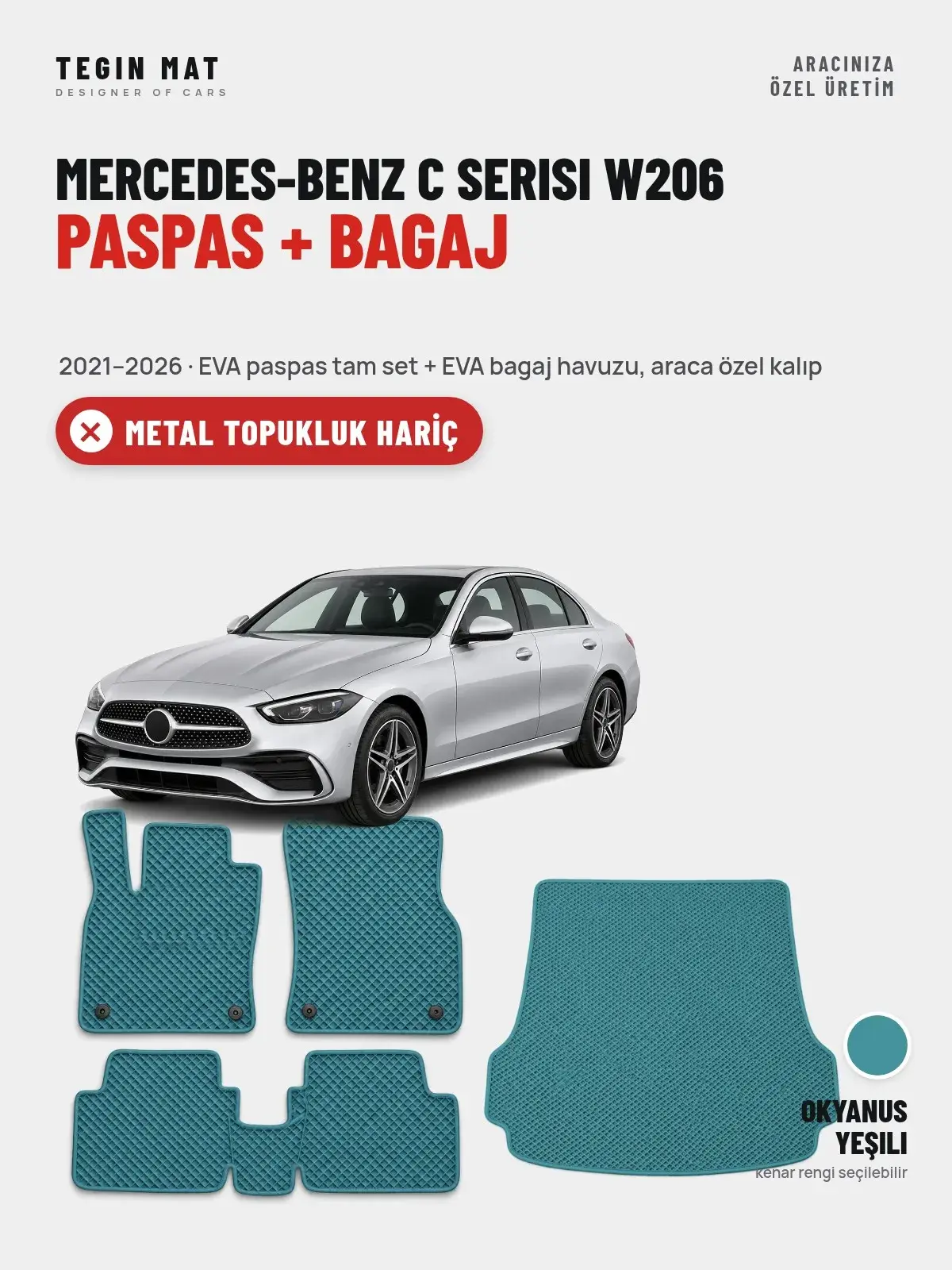 Mercedes-Benz C Serisi W206 EVA Paspas + Bagaj Havuzu Seti (2021–2026) Okyanus Yeşili – Metal Topukluk Hariç (1)