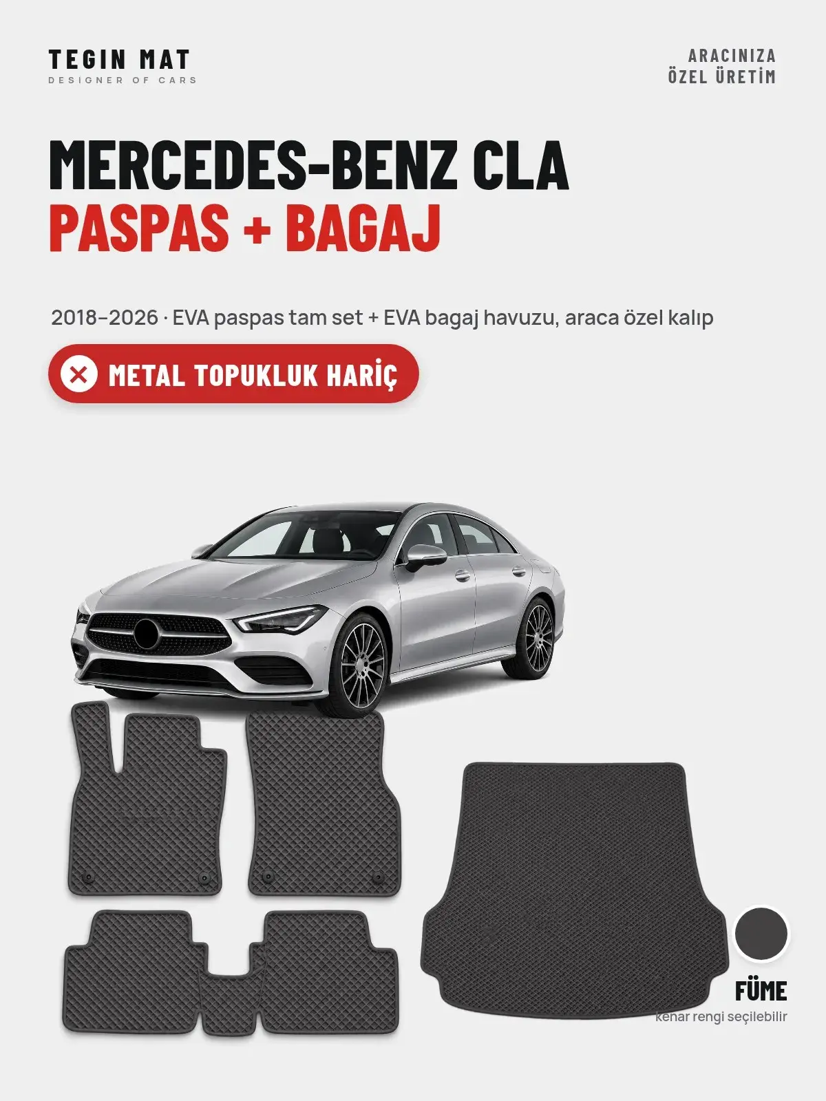 Mercedes-Benz CLA EVA Paspas + Bagaj Havuzu Seti (2018–2026) Füme – Metal Topukluk Hariç (1)