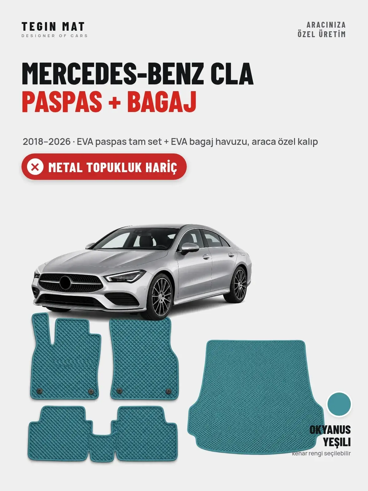 Mercedes-Benz CLA EVA Paspas + Bagaj Havuzu Seti (2018–2026) Okyanus Yeşili – Metal Topukluk Hariç (1)