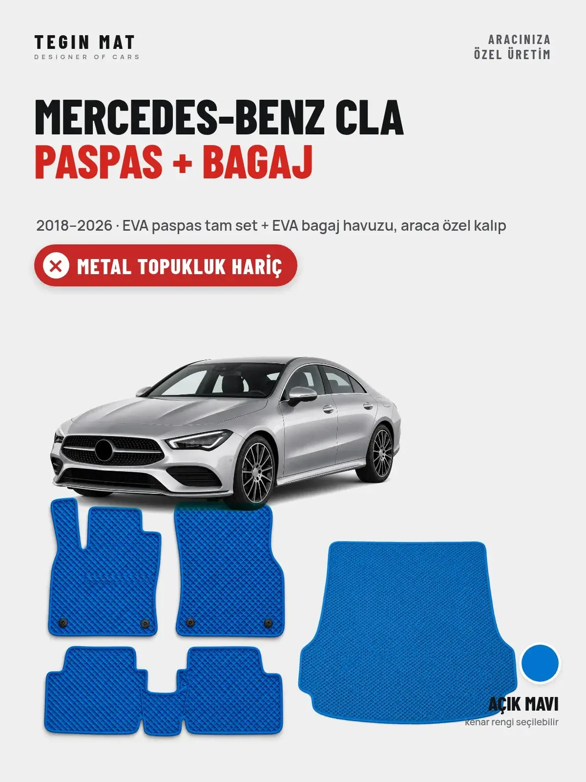 Mercedes-Benz CLA EVA Paspas + Bagaj Havuzu Seti (2018–2026) Açık Mavi – Metal Topukluk Hariç (1)