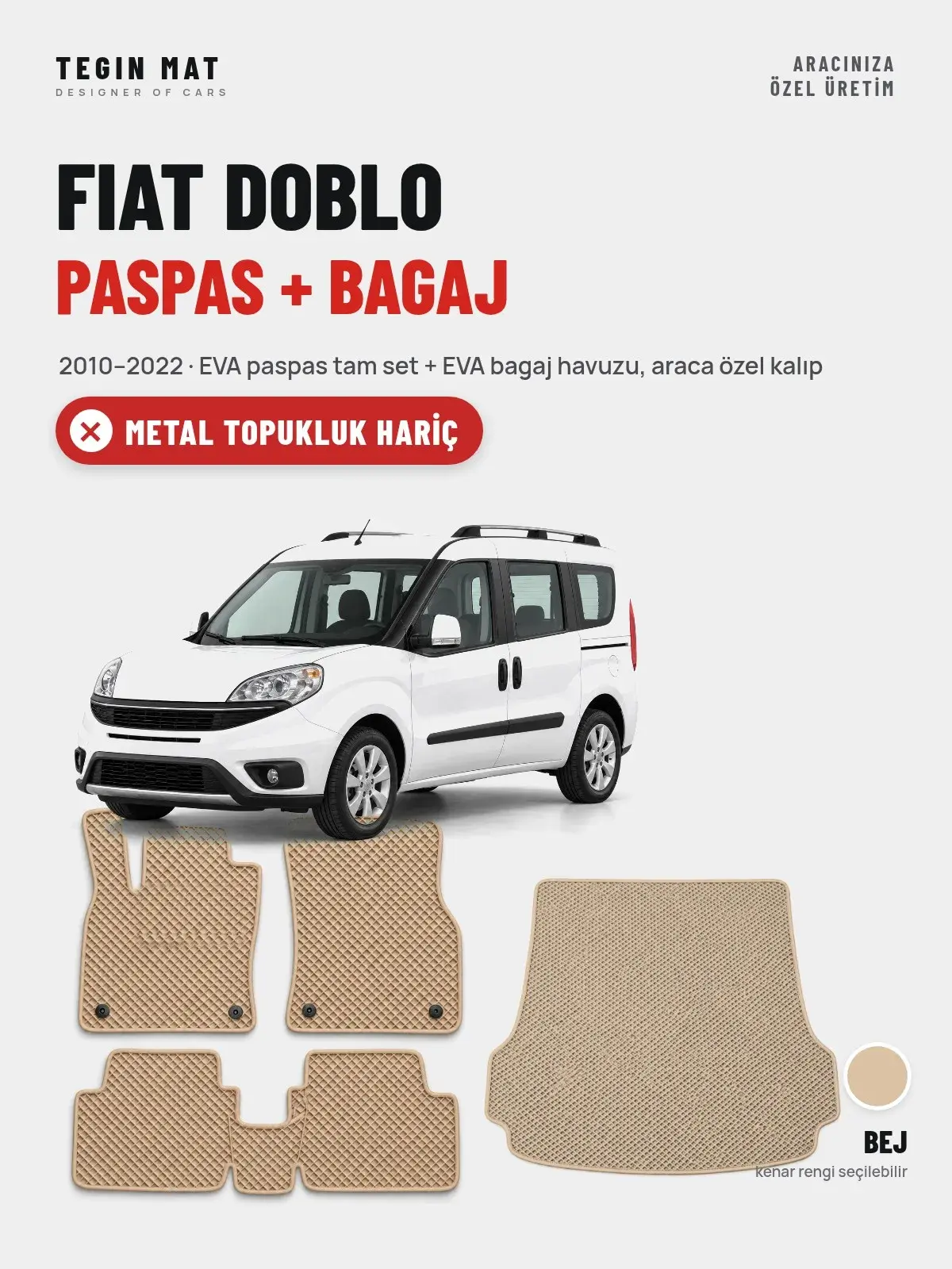 Fiat Doblo EVA Paspas + Bagaj Havuzu Seti (2010–2022) Bej – Metal Topukluk Hariç (1)