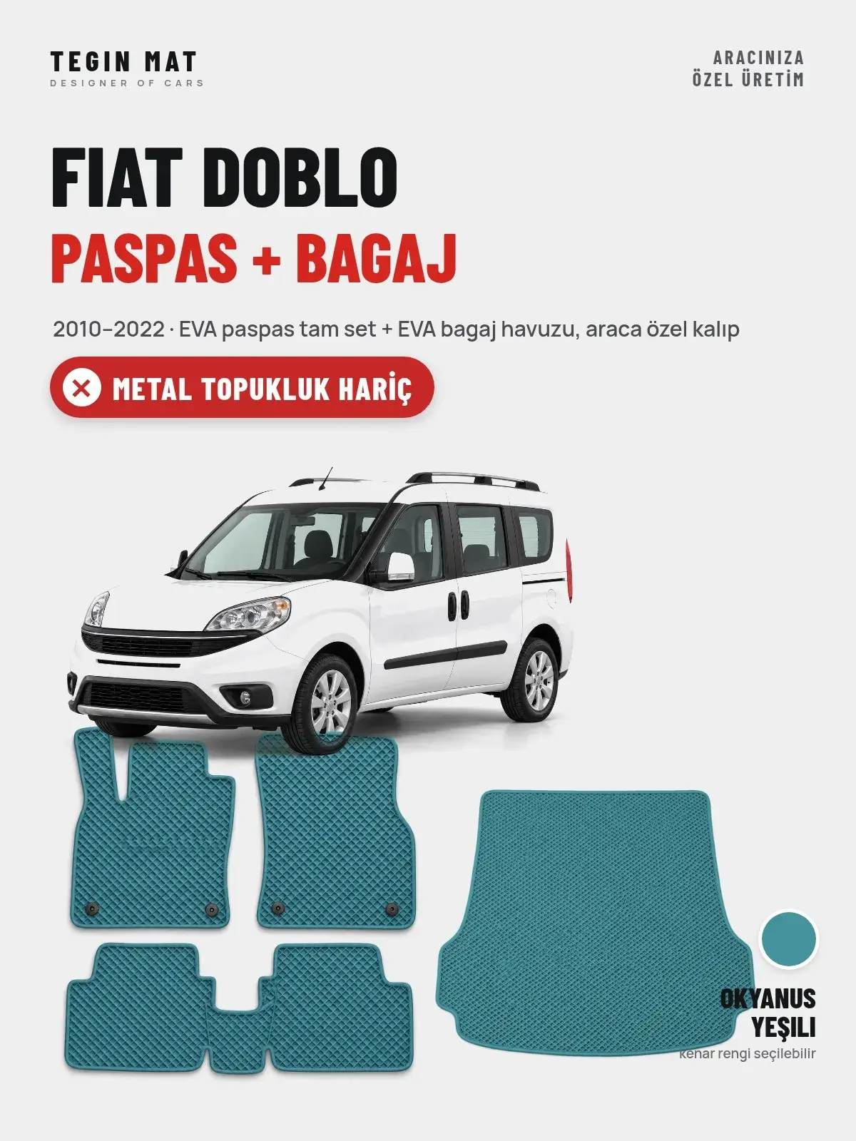 Fiat Doblo EVA Paspas + Bagaj Havuzu Seti (2010–2022) Okyanus Yeşili – Metal Topukluk Hariç (1)