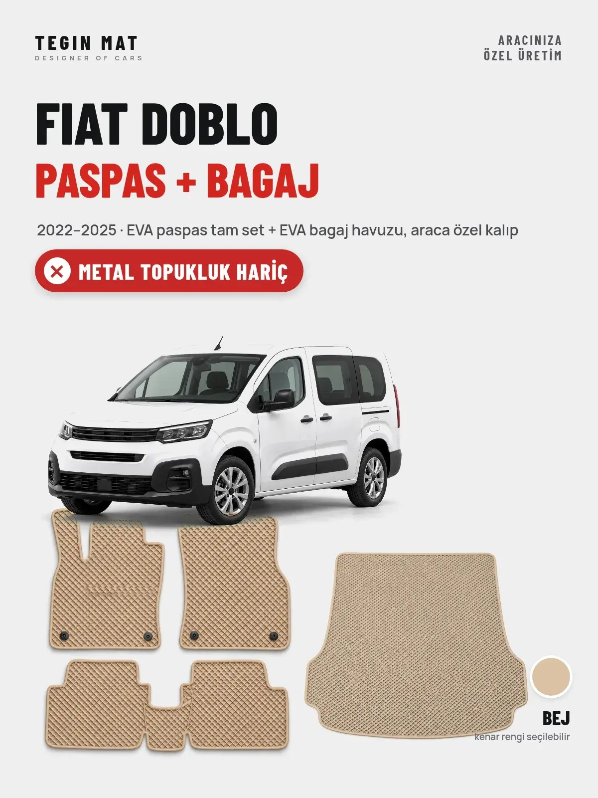 Fiat Doblo EVA Paspas + Bagaj Havuzu Seti (2022–2025) Bej – Metal Topukluk Hariç (1)