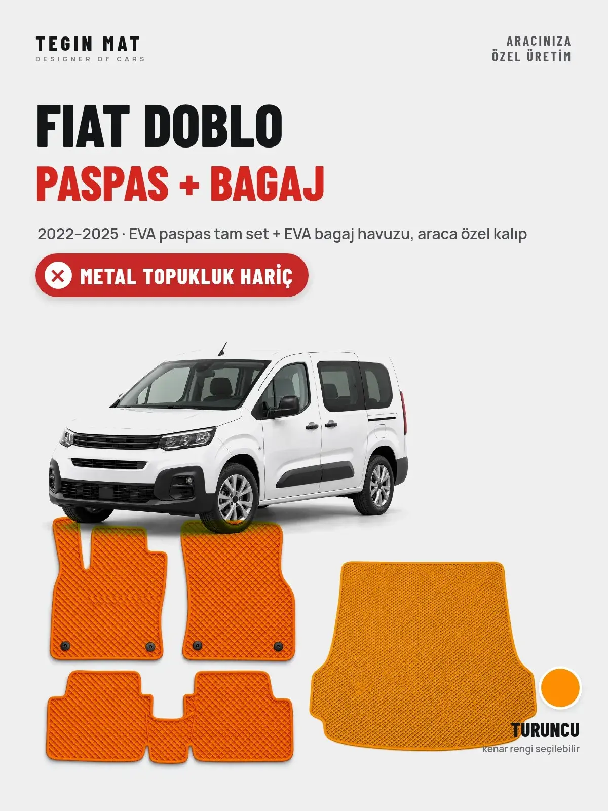 Fiat Doblo EVA Paspas + Bagaj Havuzu Seti (2022–2025) Turuncu – Metal Topukluk Hariç (1)