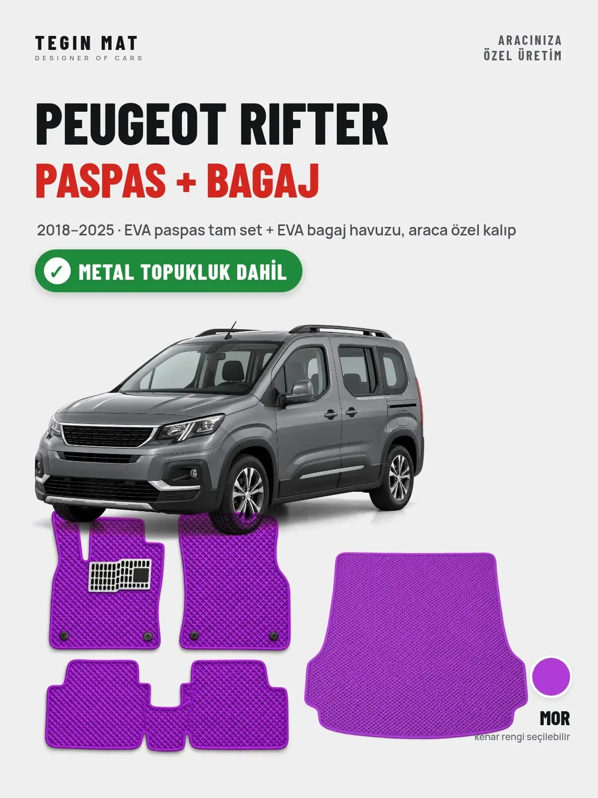 Peugeot Rifter EVA Paspas + Bagaj Havuzu Seti (2018–2025) Mor – Metal Topukluk Dahil (1)