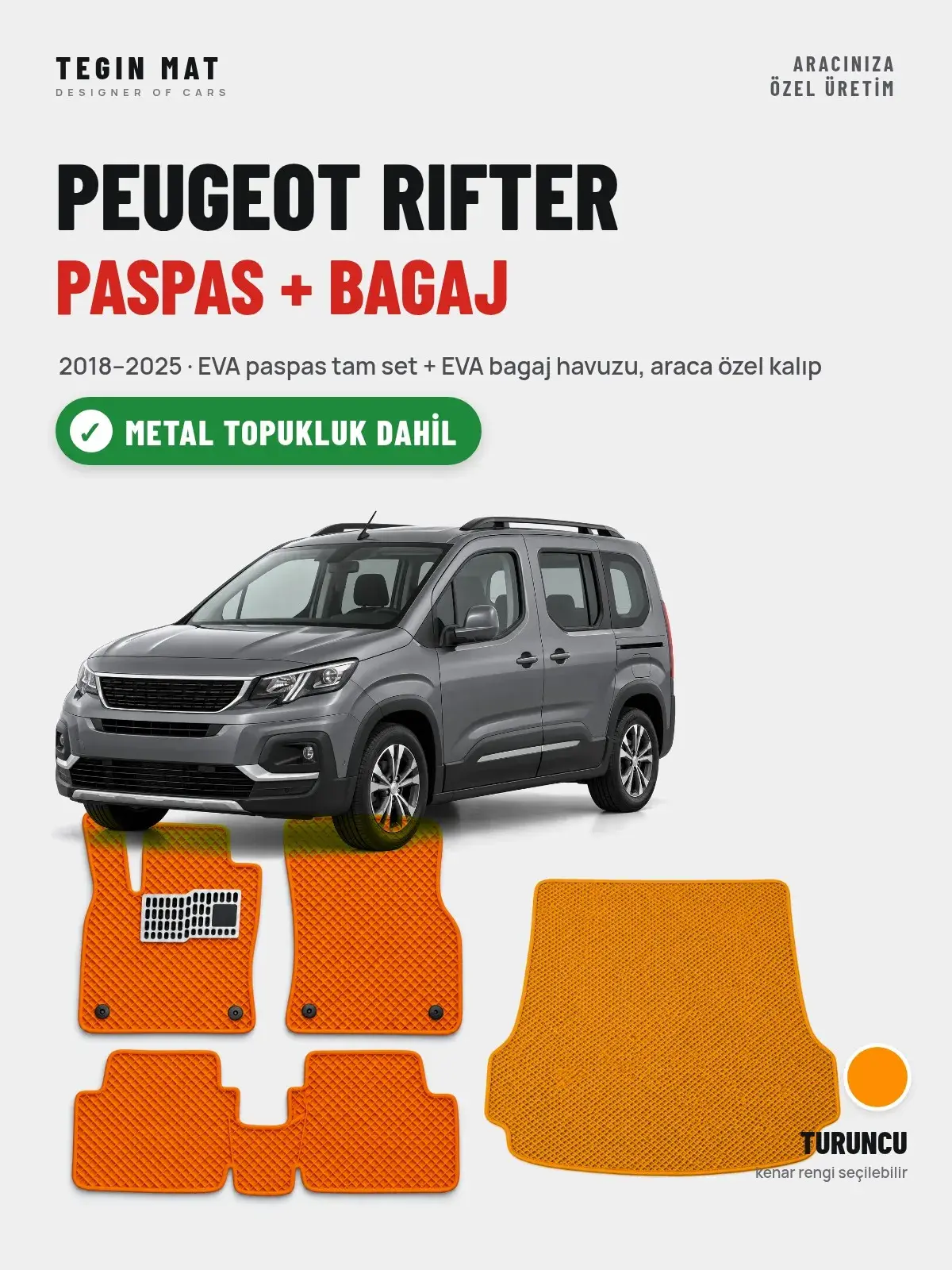 Peugeot Rifter EVA Paspas + Bagaj Havuzu Seti (2018–2025) Turuncu – Metal Topukluk Dahil (1)