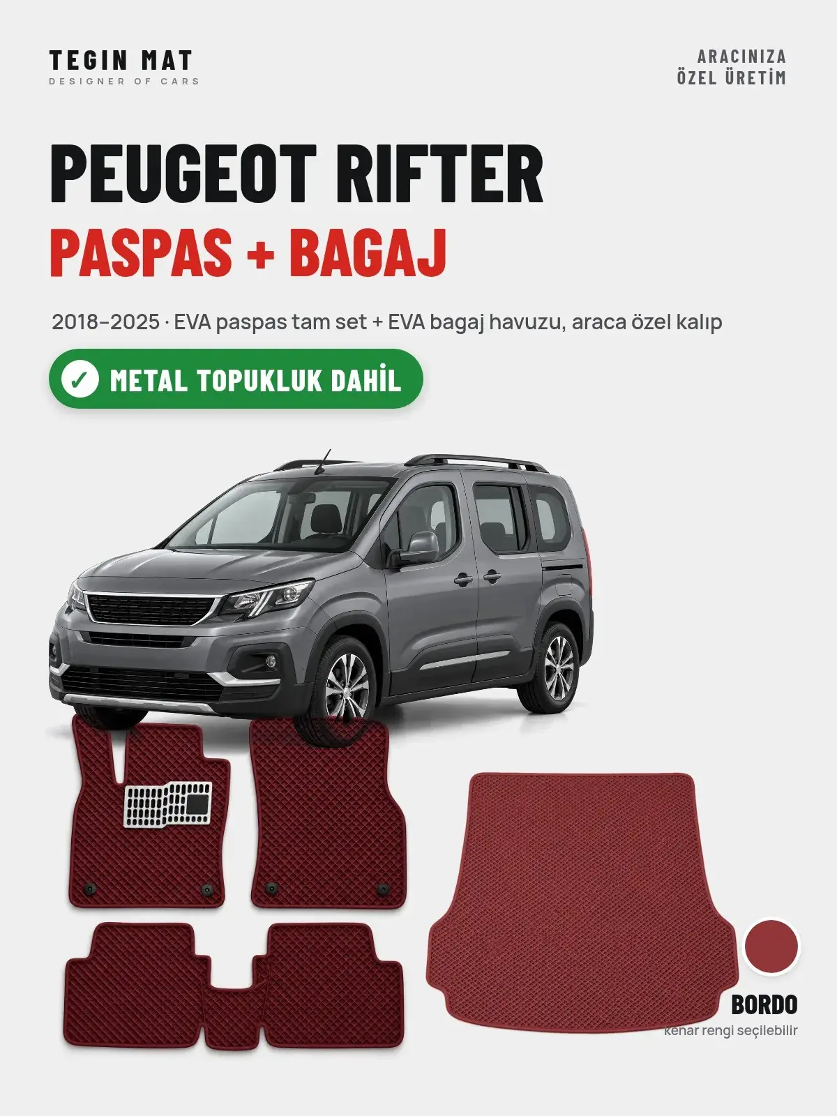 Peugeot Rifter EVA Paspas + Bagaj Havuzu Seti (2018–2025) Bordo – Metal Topukluk Dahil (1)