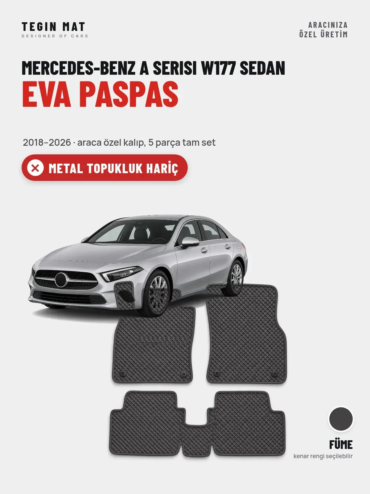 Mercedes-Benz A Serisi W177 Sedan EVA Oto Paspas Tam Set (2018–2026) Füme – Metal Topukluk Hariç (1)