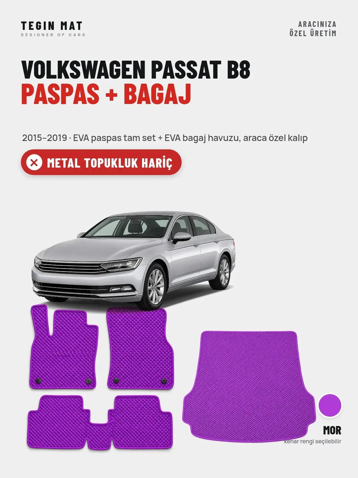 Volkswagen Passat B8 EVA Paspas + Bagaj Havuzu Seti (2015–2019) Mor – Metal Topukluk Hariç (1)