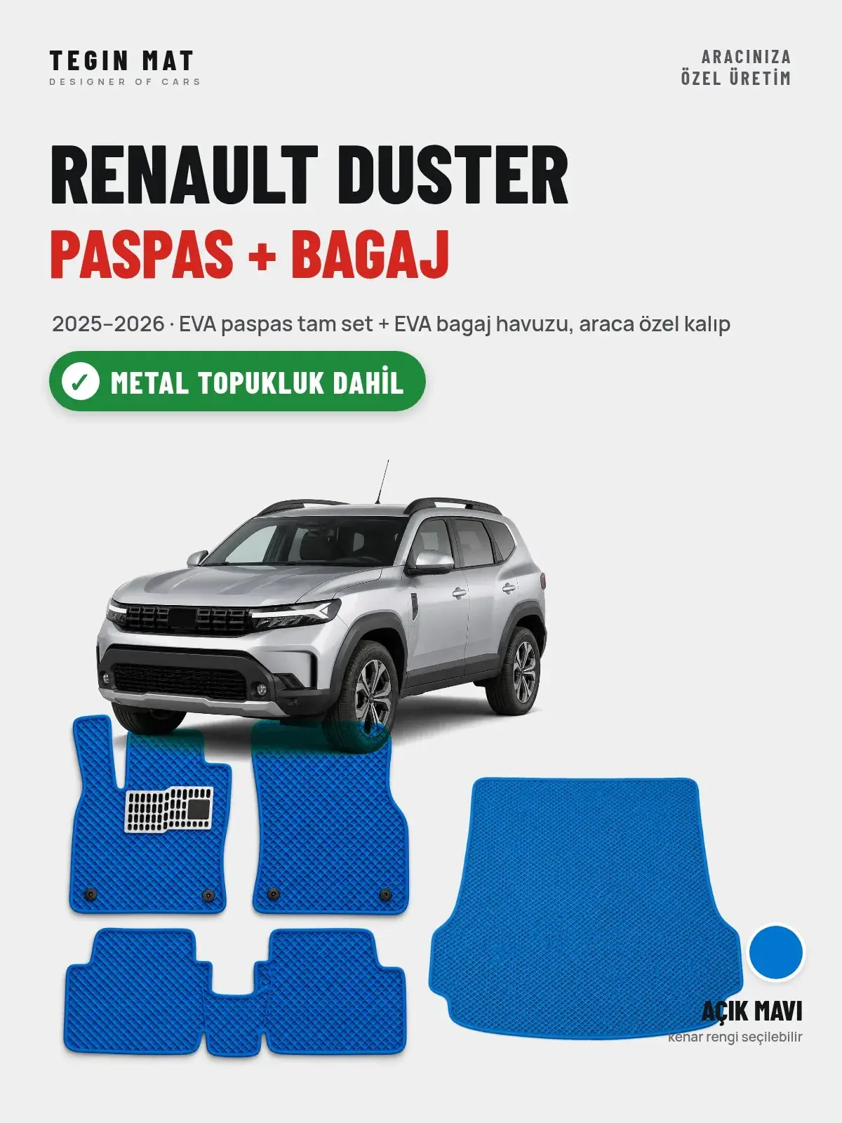 Renault Duster EVA Paspas + Bagaj Havuzu Seti (2025–2026) Açık Mavi – Metal Topukluk Dahil (1)